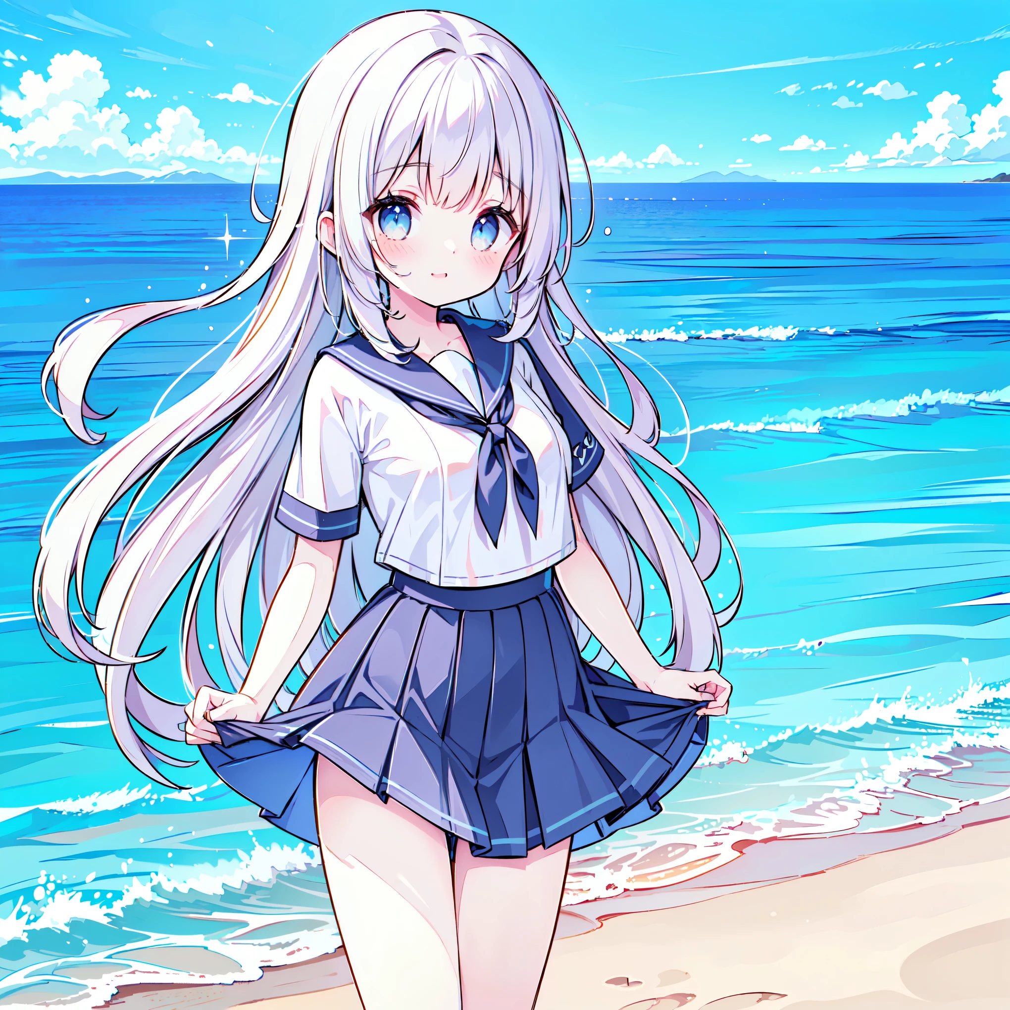 ((( more details, Highly detailed CG, masterpiece, High Quality , 4K, high resolution, sharp concentration on that detail, Take a commemorative photo on a sandy beach with the calm and beautiful sea in the background, anime style illustration near the sparkling ocean ,brawn hair))),(Alone:2), cute, Smiling Brightly , light blue eyes,(A girl is standing on the beach:1.4), navy blue sailor suit,(Short sleeve:2),( dark blue skirts ),( slightly bulging breasts:1.2), Clear Skin, Fluttering Skirt , barefoot,((long hair)),Neat hair,Gentle Breeze, White Clouds ,blue sky, watching viewers with the harbor at night in the background , is shy,