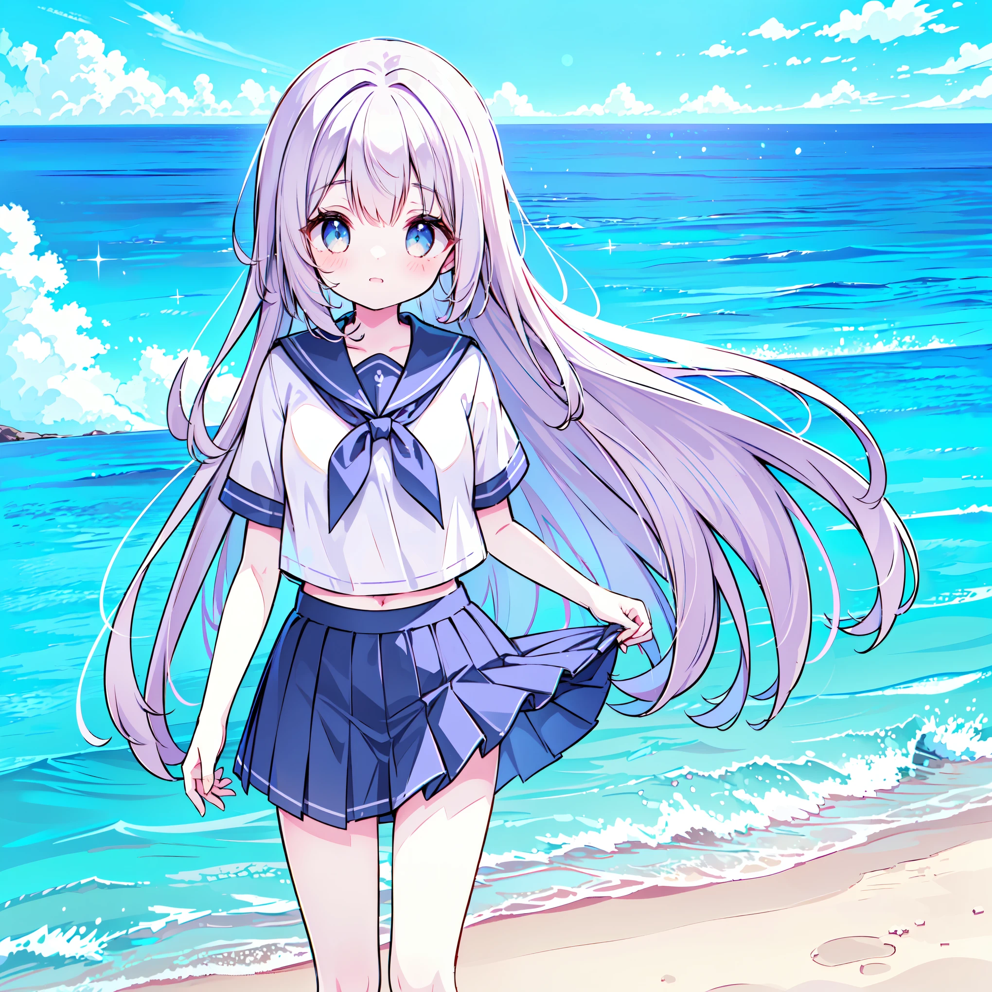 ((( more details, Highly detailed CG, masterpiece,  High Quality , 4K,  high resolution, sharp concentration on that detail, Take a commemorative photo on a sandy beach with the calm and beautiful sea in the background, anime style illustration near the sparkling ocean ,brawn hair))),(Alone:2), cute, Smiling Brightly , light blue eyes,(A girl is standing on the beach:1.4), navy blue sailor suit,(Short sleeve:2),( dark blue skirts ),( slightly bulging breasts:1.2), Clear Skin, Fluttering Skirt , barefoot,((long hair)),Neat hair,Gentle Breeze, White Clouds ,blue sky, watching viewers with the harbor at night in the background , is shy,