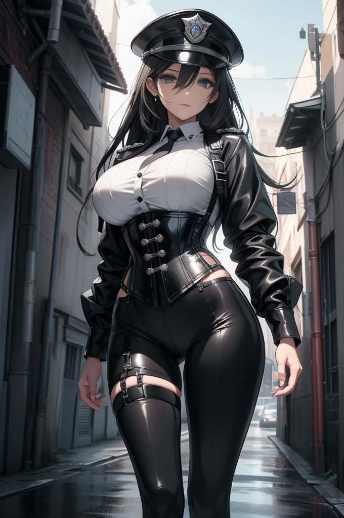 Alone black woman // Dark skin woman // big breasts (G cup) // long hair // cat ears // cat tail // full body // muscular woman // sports swimsuit // leather jacket // high boots