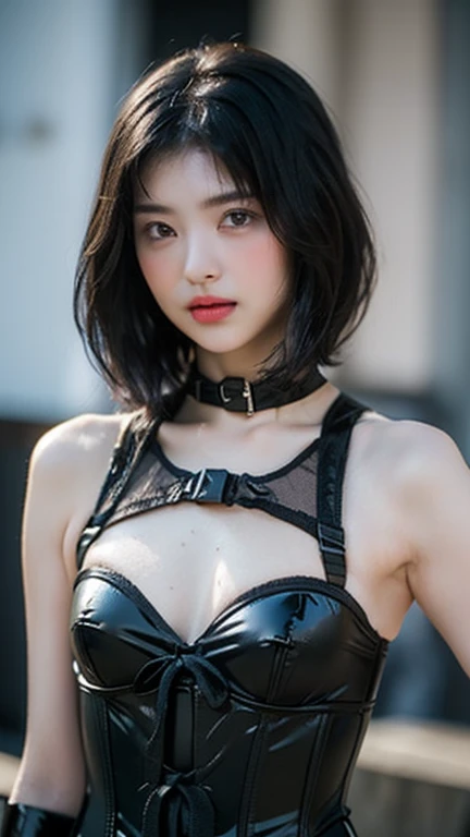 nsfw,((shibari)),((arm behind back)),(((fully tied up)))), ((pillory)),restrained,((highest quality, 8k, masterpiece: 1.3))), crisp focus: 1.2, beautiful woman with perfect figure: 1.4, slender abs: 1.2, ((layer cut, big: 1.2)), wet body: 1.5, Very detailed face and skin texture, detailed eyes, double eyelids, belly short hair, BDSM, slave, black corset, bondage, collar, from below, angry, leather panties