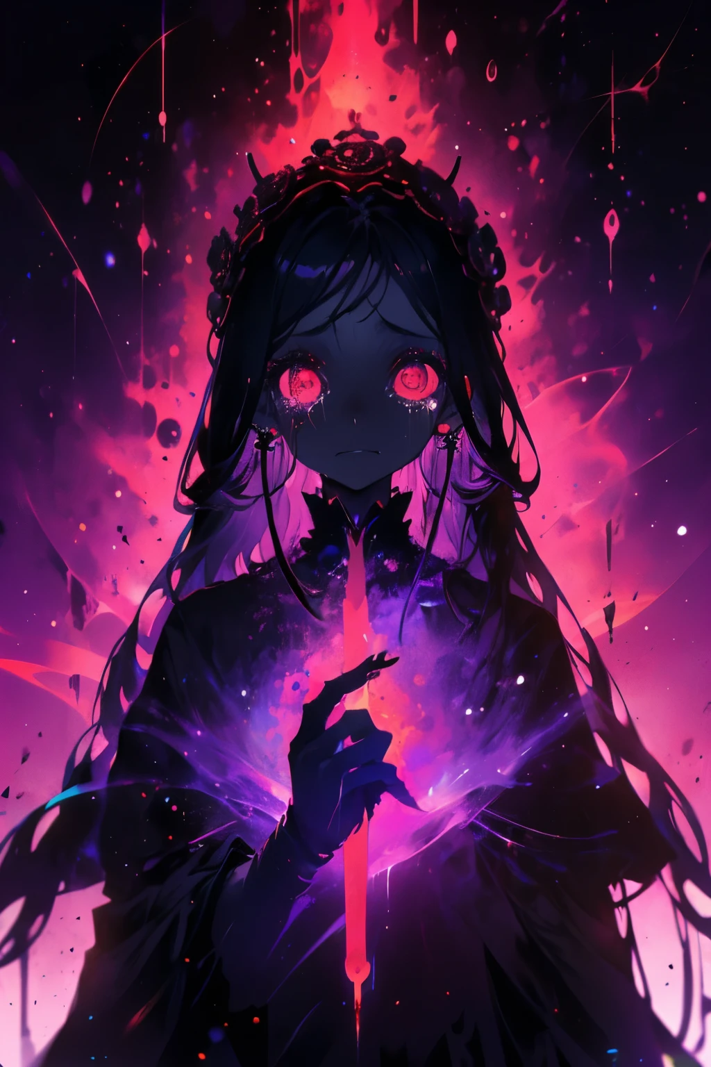 (The whole body is a shadow),(black skin)1girl,screaming expression,long hairstyles,red eyes,gothic ta,wild hair,darkness falls,revenge,hell,hatred,((tears of blood:1.2)),Dark world,despair