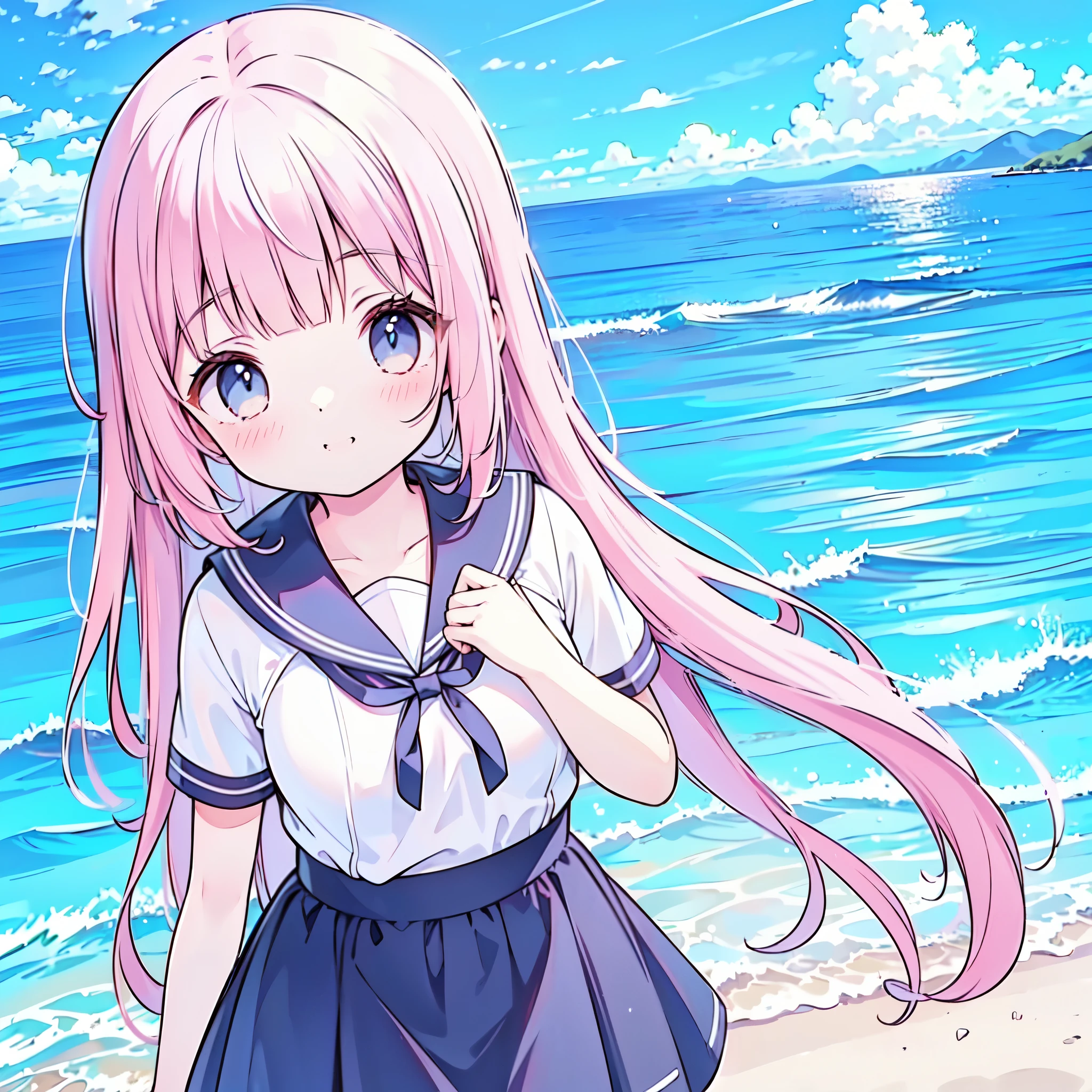 ((( more details,  Highly Detailed CG, masterpiece,  high quality, 4K,  high resolution, sharp concentration, Take a commemorative photo on a sandy beach with the calm and beautiful sea in the background, anime style illustrations, pink hair))),(Alone:2), cute, Smiling Brightly , light blue eyes,(A girl is standing on the beach:1.4), navy blue sailor suit,(Short sleeve:2),( dark blue skirts ),( slightly bulging breasts:1.2), Clear Skin, Fluttering Skirt , barefoot,((long hair)),Neat hair,Gentle Breeze, White Clouds ,blue sky, watching viewers, shy,