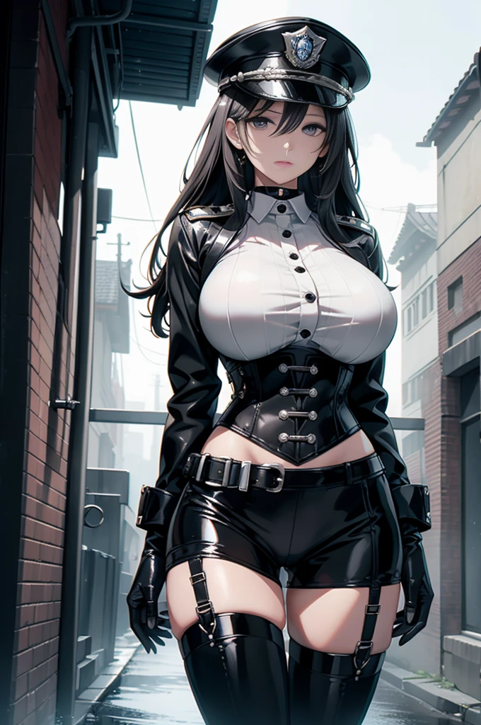 ((1 girl)),(best quality, highres, masterpiece:1.2), ultra-detailed, (realistic:1.37) illustration, erotic style, soft lighting, sweat glistening on her body, gentle warmth, mysterious, ubel,dark green hair,long hair,side ponytail,hair between eyes,bangs, (beret, black jacket, open clothes, cleavage, midriff, black shorts, black thighhighs, thigh strap, fingerless gloves, single glove:1.2), blurry background, pose, hand on hip, (masterpiece:1.2), best quality, high resolution, unity 8k wallpaper, (illustration:0.8), (beautiful detailed eyes:1.6), extremely detailed face, perfect lighting, extremely detailed CG, (perfect hands, perfect anatomy)