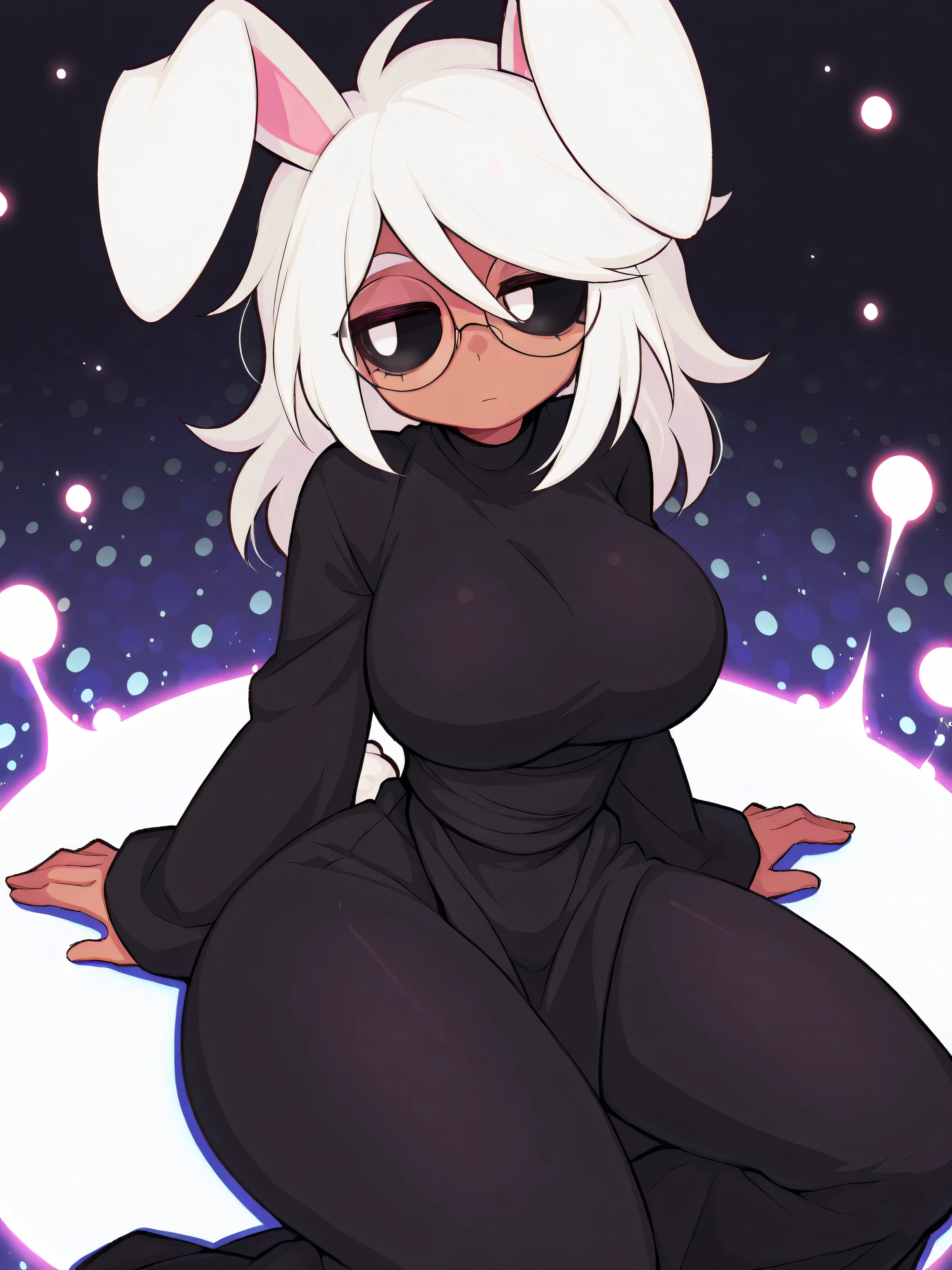 front view, emotionless, white dot pupil, glitchy background, glitches, black sclera, solo, white rabbit ears, white hair, slumped over pose, sitting on floor, black pants, black robes, large breasts, large thighs, solo, dark skin, short, glasses, best quality, amazing quality, highres, absurdres, back,score_9, score_8_up, score_7_up,source_anime,BREAK,masterpiece