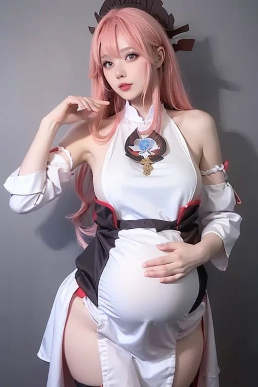 (Masterpiece, Excellent, 1girl pregnant, solo, complex details, color difference), realism, ((medium breath)), off-the-shoulders, big breasts, big belly, sexy, Yae Miko, long pink hair, red headdress, red highlight, hair above one eye, green eyes, earrings, sharp eyes, perfectly symmetrical figure, choker, neon shirt, open jacket, turtleneck sweater, against the wall, brick wall, graffiti, dim lighting, alley, looking at the audience, ((mean, seductive, charming)), ((cherry blossom background ))),((Japanese temple background)))), (((Glow-in-the-dark background)))