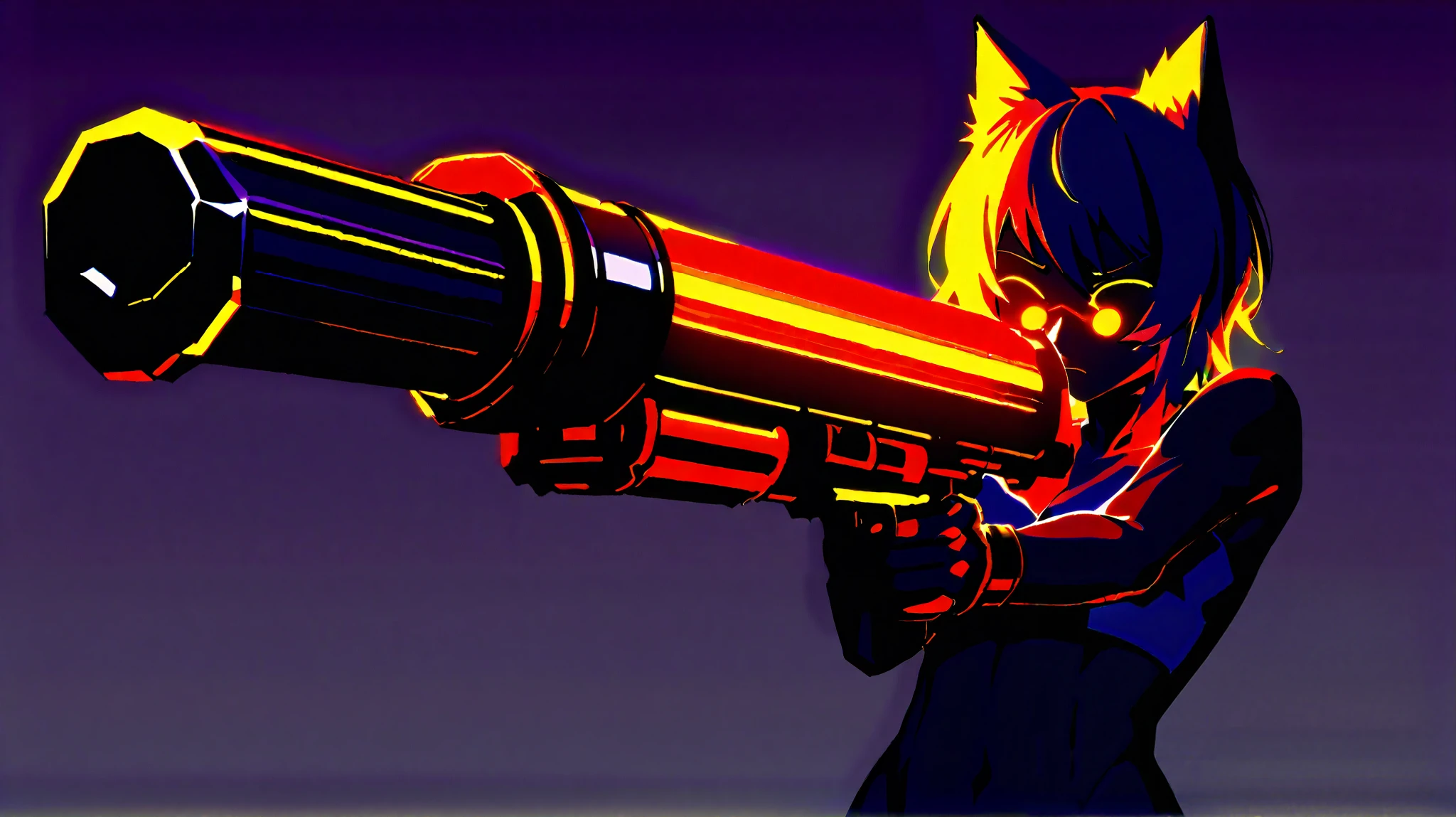 Art poster game "RAST". The"RAST" label". RAST game theme. The luminous silhouette. Neon skinny girl in full growth with a Bullet Gun at the ready, with cat ears, niji style, black background, masterpiece, glowing silhouette on a black background