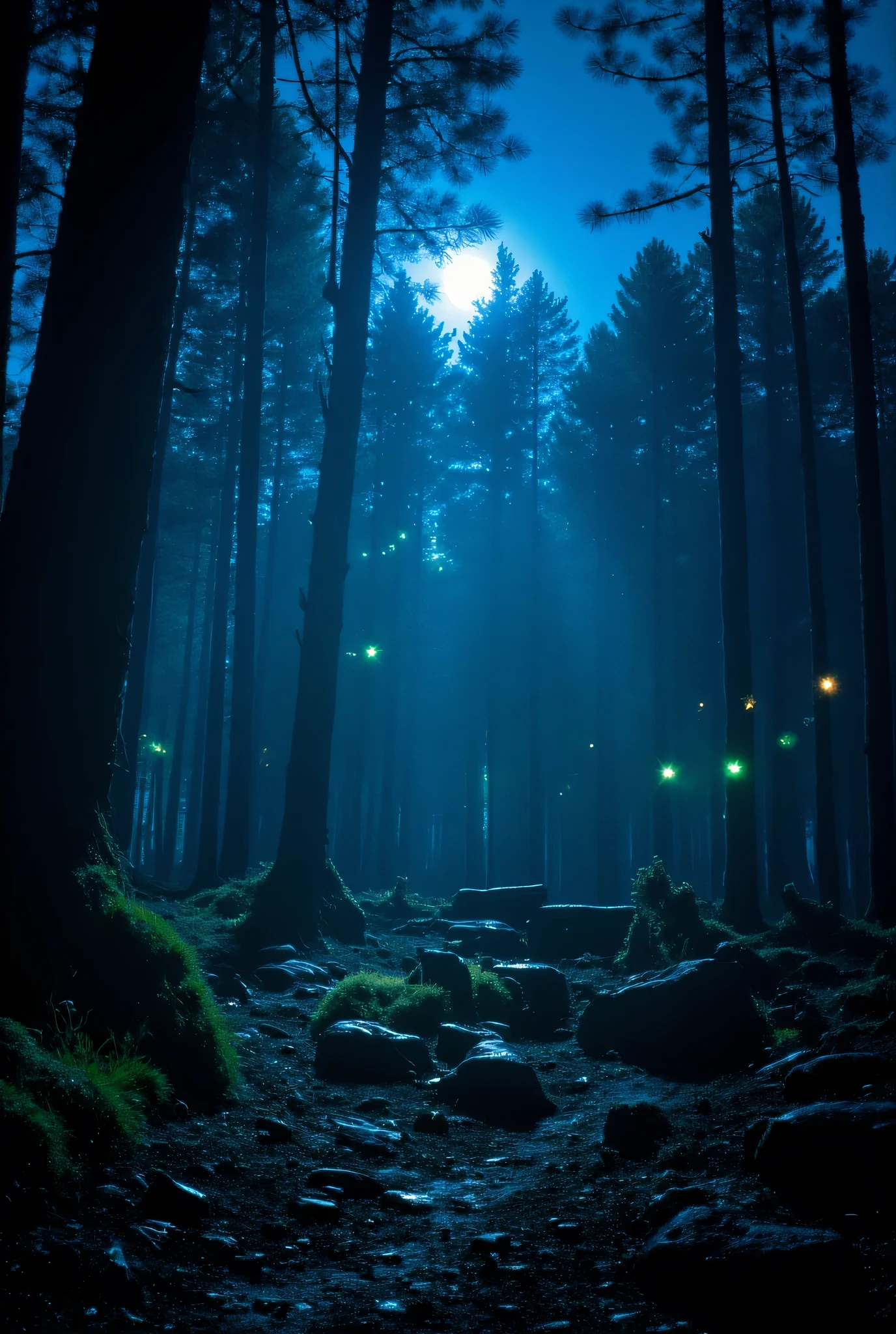 realistic image of magic coniferous forest, night time, night, few blue and green shining sparks are flying in the air, the forest is lit with the moon light, a group of rocks in the middle of the forest