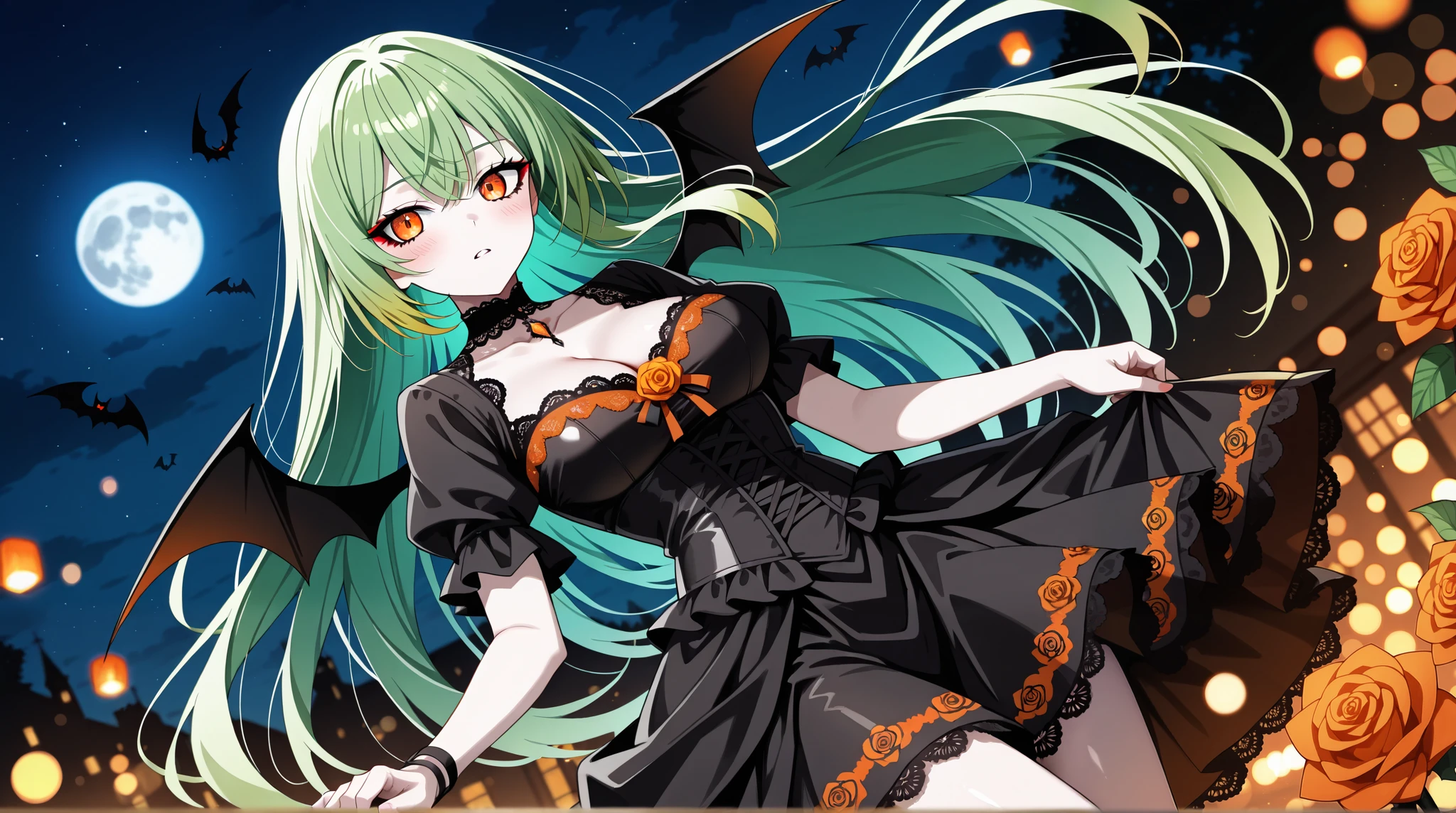 Vampire girl, very long green hair, orange eyes, crystals, bokeh, (gothic style lace black dress with ornate orange details:1.2), cleavage, small waist, collarbone, parted dark lips, black winged eye-liner, blush, shiny pale skin, night, reflection, full moon, moonlight, black iridescent rose, absurdres