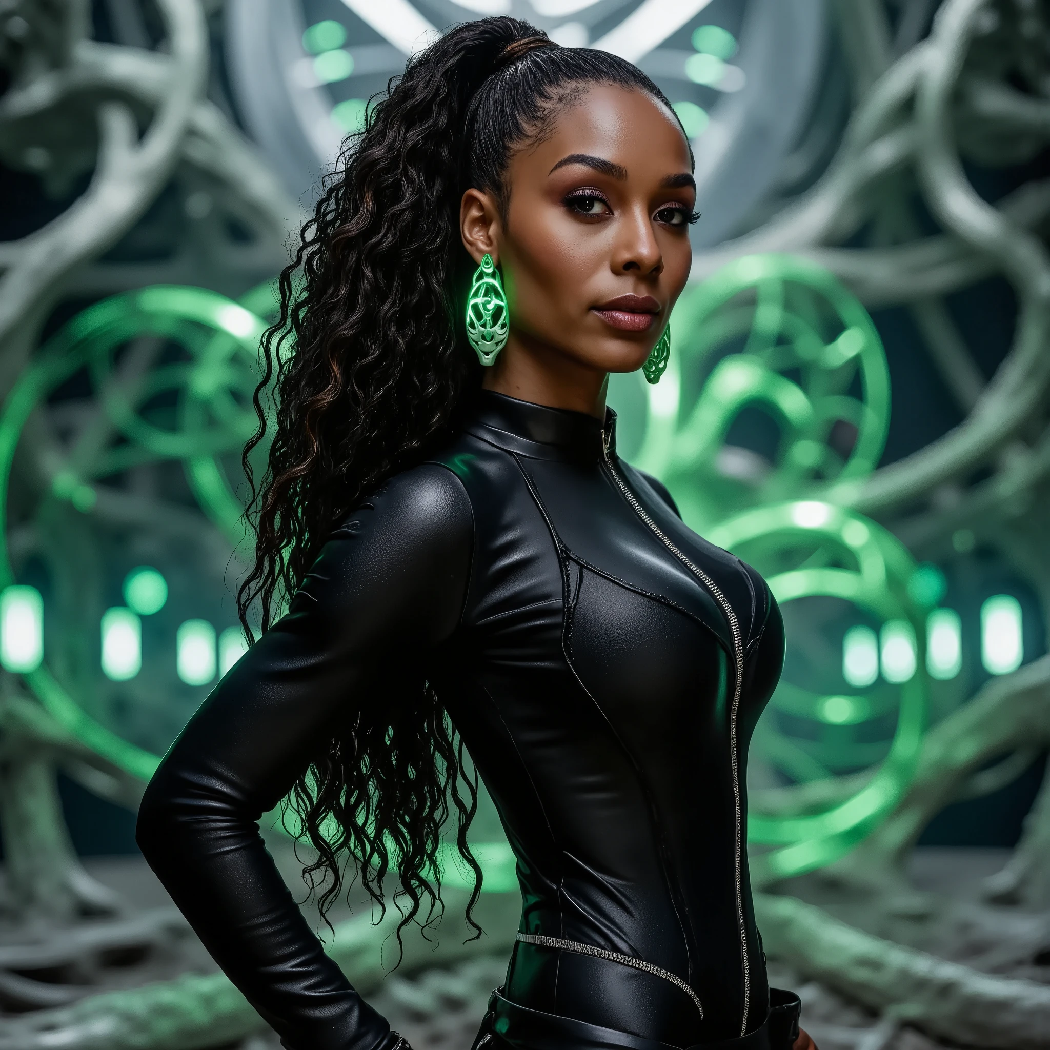 score_9, score_8_up, score_7_up, realistic, 1girl, solo, long hair, black hair, ponytail, cowboy shot, earrings, black bodysuit, green glowing, zipper, PLANET DIVING SUIT 2ND
