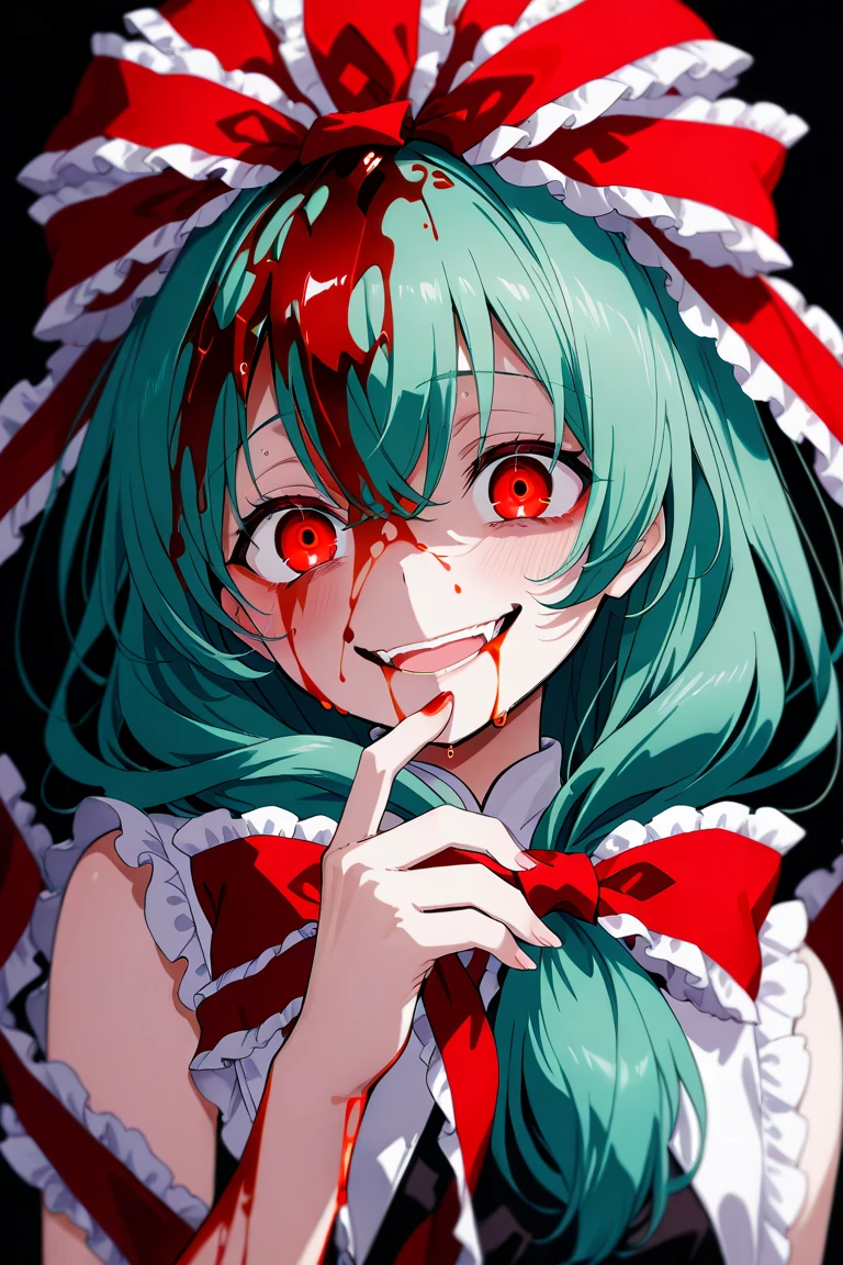 ((Kagiyama Hina))、((Blood flows from all over the body))、(( bleeds from her head))、(( crazy smile ))、(( is crazy))、((Red eyes))