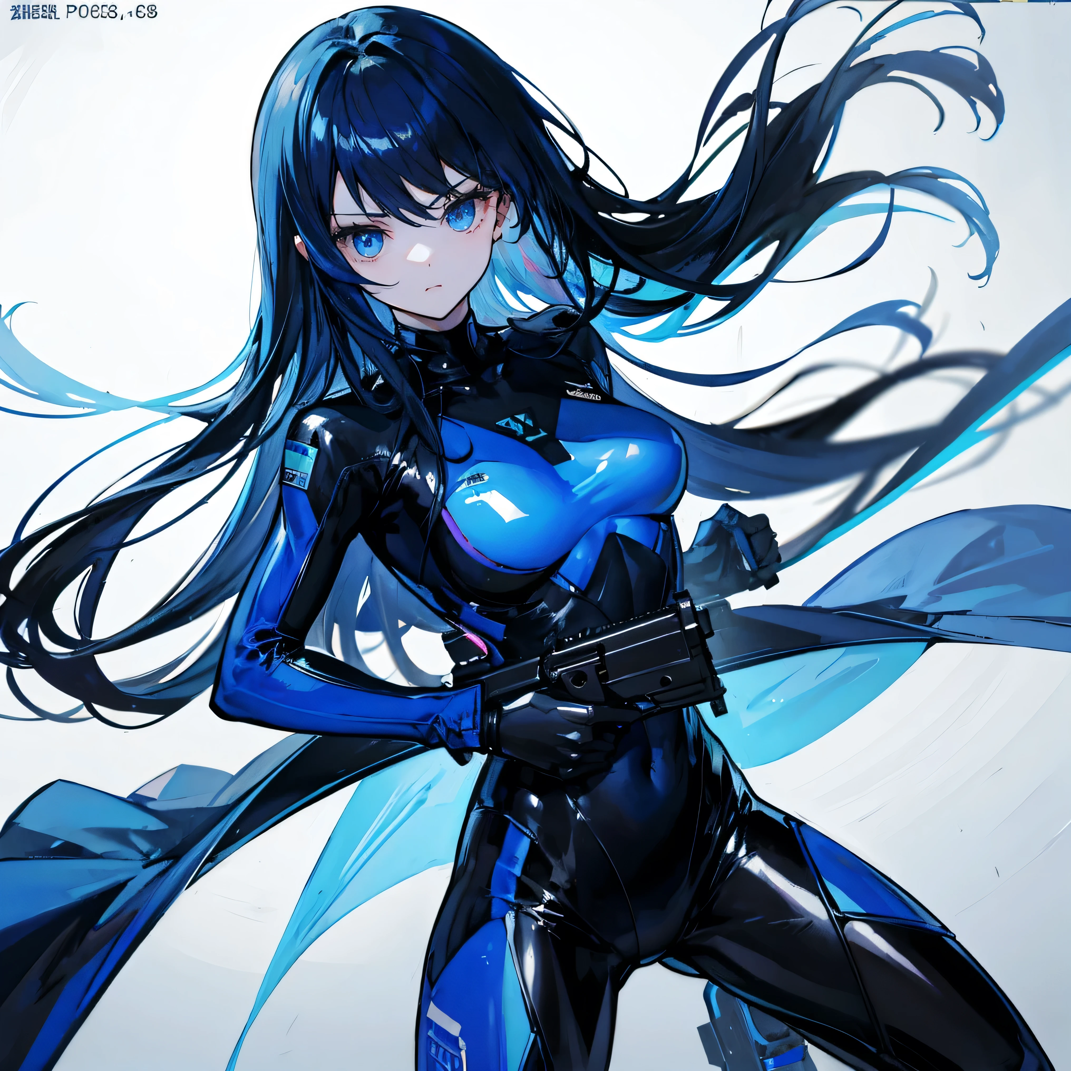 There is no background,girl,Carry a firearm,Patent leather tight suit,Use of firearms,Navy blue long hair,attention arousal,Blue colored eyes,No gradients