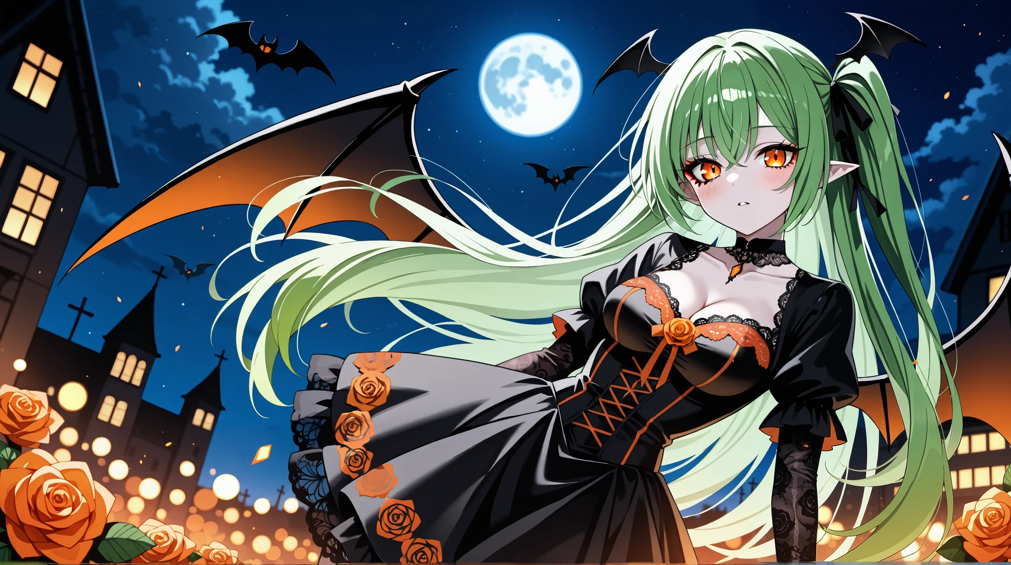 Vampire girl, very long green hair, orange eyes, crystals, bokeh, (gothic style lace black dress with ornate orange details:1.2), cleavage, small waist, collarbone, parted dark lips, black winged eye-liner, blush, shiny pale skin, night, reflection, full moon, moonlight, black iridescent rose, absurdres