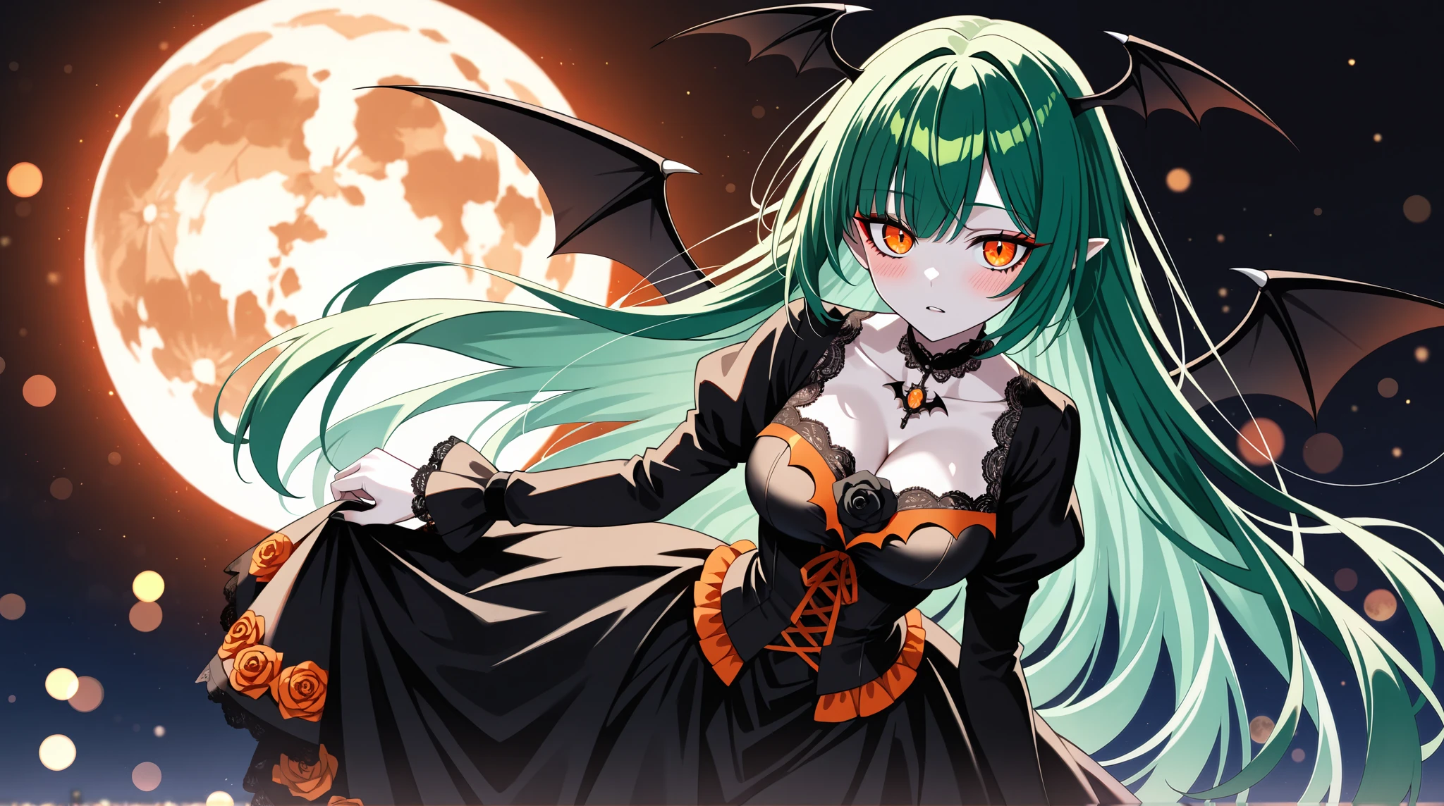 Vampire girl, very long green hair, orange eyes, crystals, bokeh, (gothic style lace black dress with ornate orange details:1.2), cleavage, small waist, collarbone, parted dark lips, black winged eye-liner, blush, shiny pale skin, night, reflection, full moon, moonlight, black iridescent rose, absurdres