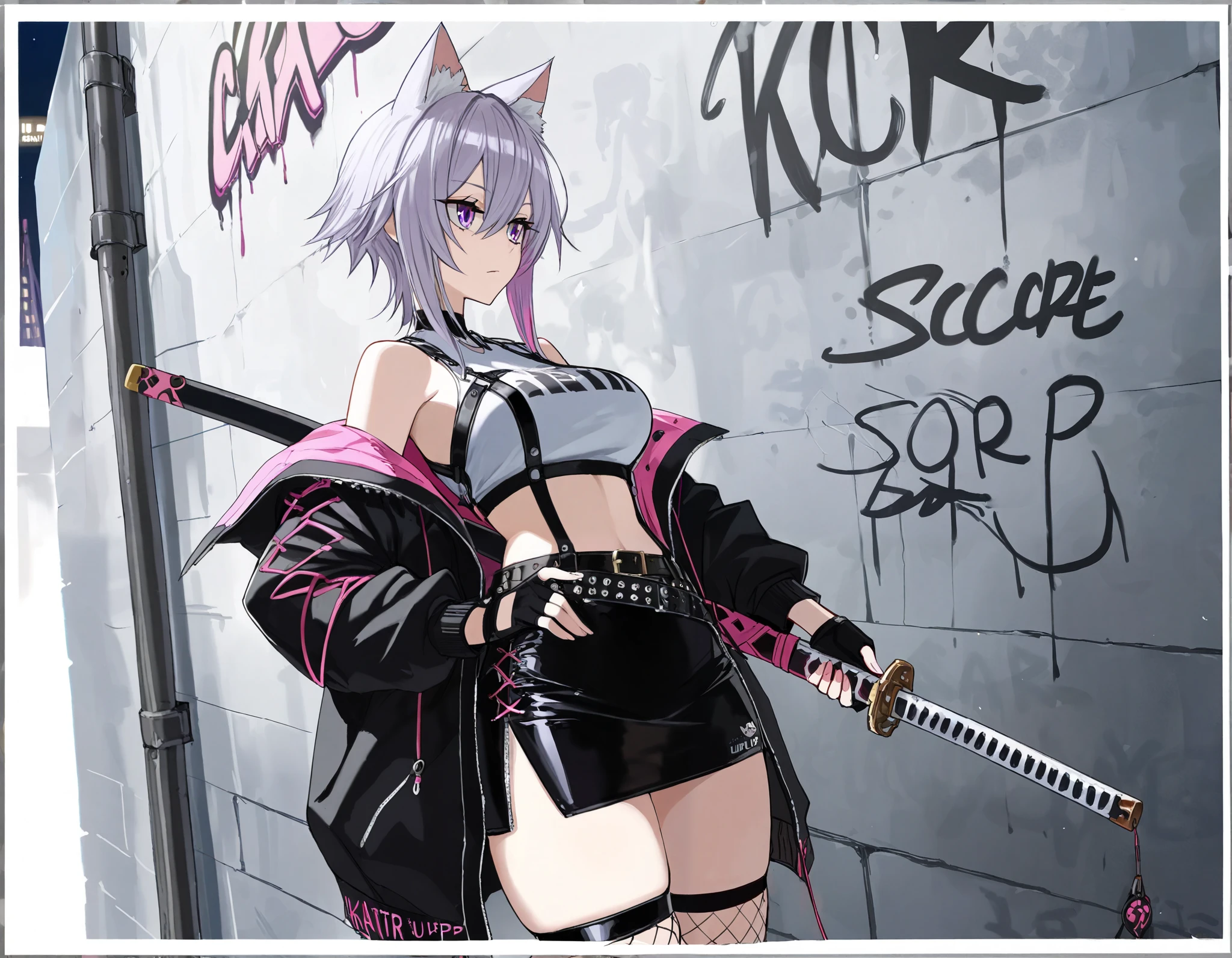 (best quality, highest quality:1.2), masterpiece, top quality, ultra high definition, rich contrasts, HD,8k, High Definition CG Unit Wallpaper, texture , Unbelievably Absurd, ultra high definition, RAW photos ,Deep border 1 .2, very detailed, from side,
weapon, holding sheathed katana:1.5, perfect katana, night back alley, Leaning against a graffiti wall
(girl:1.3), 1girl, solo, (purple silver middle hair, cat ears, purple eye, White crop top, put on a off shoulder black open hoodie, black slit skirt, leather belt, black body harness, fingerless gloves, thigh strap, single thighhigh, torn thighhigh, fishnet thighhigh, katana), cyber punk, dim body, curvy, no curves, narrow hips, Expressionless,