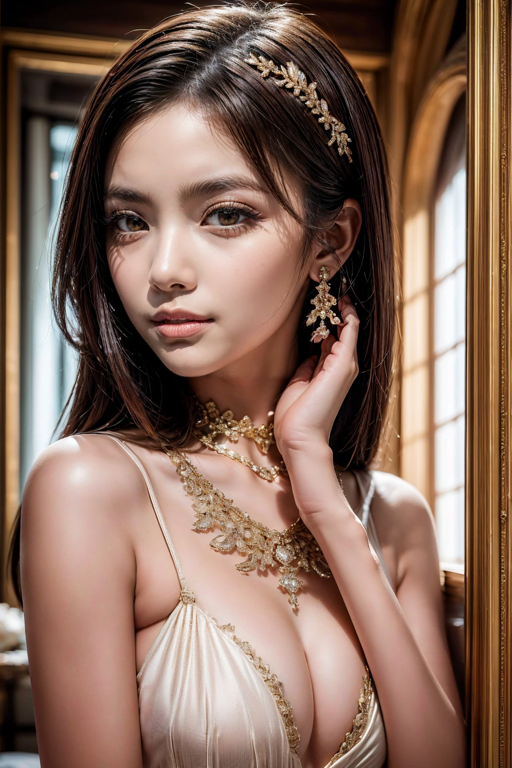 Best quality, Masterpiece, A high resolution, 1girll,china dress,hair adornments,necklace, jewelry,Beautiful face,after sexing_Body, Tyndall effect,Photorealistic, Dark Studio, rim lit, twotonelighting,(highdetailskin:1.2), 8K UHD, Digital SLR, Soft lighting, High quality, voluminetric lighting, candid, photographed, high resolution, 4K, 8K, Bokeh, .Jinstyle, Building