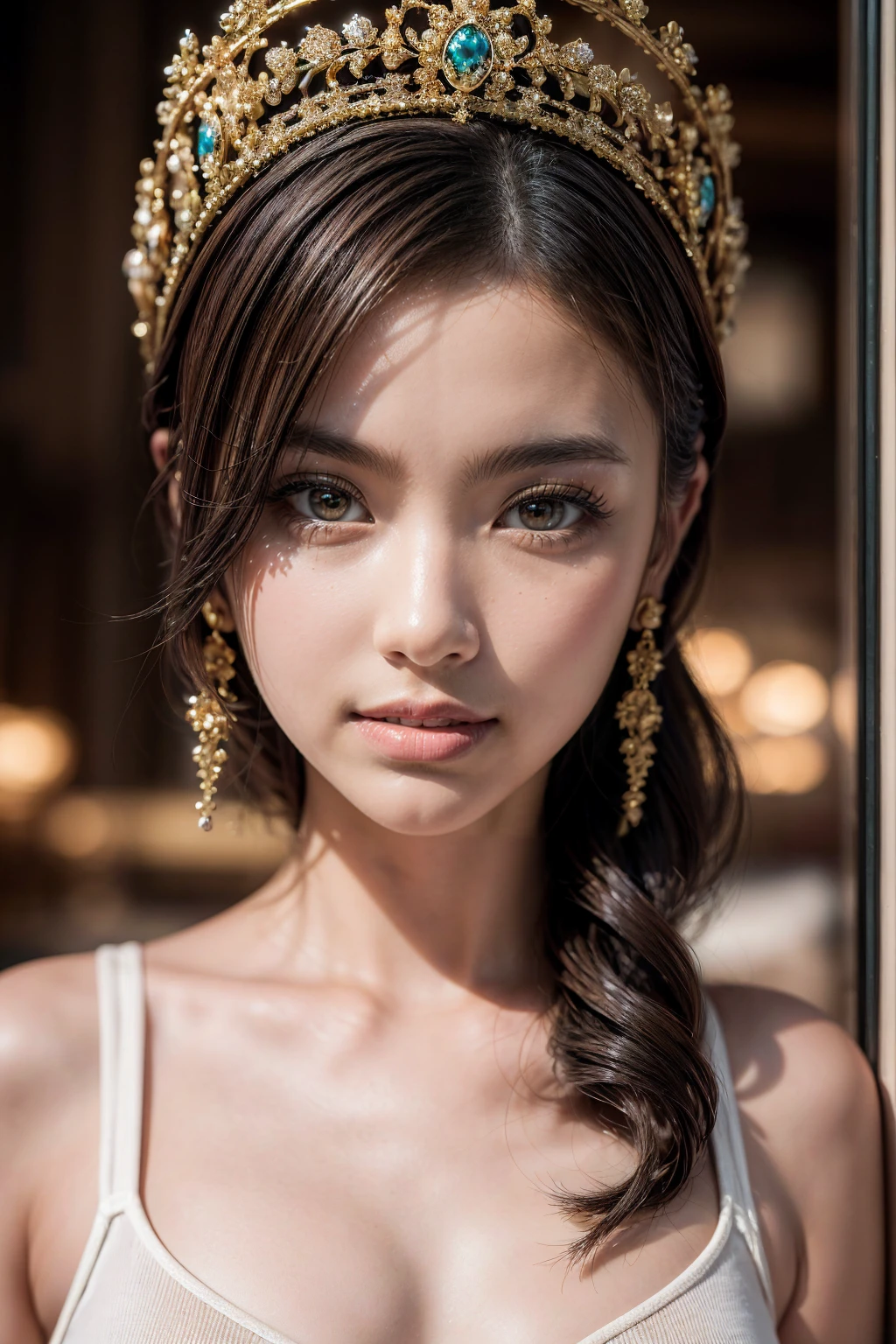 Realistic (photorealistic Realism), (high resolution), ((intricately detailed digital art)), professional photography, (portrait) a cute 1 Female, European, (ultra realistic texture details: velvety skin, hair),((sharp focus, no blurr eyes, high resolution, absurd quality, Realistic brown_eyes:1.4),intricately detail:1.35),((extremely fine details eyes))((extra narrow eyebrows))(Carefully draw Long blue_eyelashes:1.2)(perfect round eyes:1.3).((finely detailed pupils:1.3))((extremely fine details pupils:1.3))((extremely fine details iris of the eyes:1.35))(Shining, mesmerizing, Vibrant eyes:1.22).((perfect dark_eyeshadows:1.4)),detailed lips:1.3,(apply glossy red_lipstick:1.4)(pink_makeup), (beautiful little nose), (perfect proportions:1.2),(small head),(anatomically correct), perfect female body, full bodyesbian, Old luxurios villa with a beautful oasen view, detailed lips:1.3, (anatomically correct), perfect female body, (Super beautiful), (vivid and colorful), The attention to detail, focus of girl, dynamic pose, sexy and seductive, flirty smile, (perfect composition), ((full body shot))