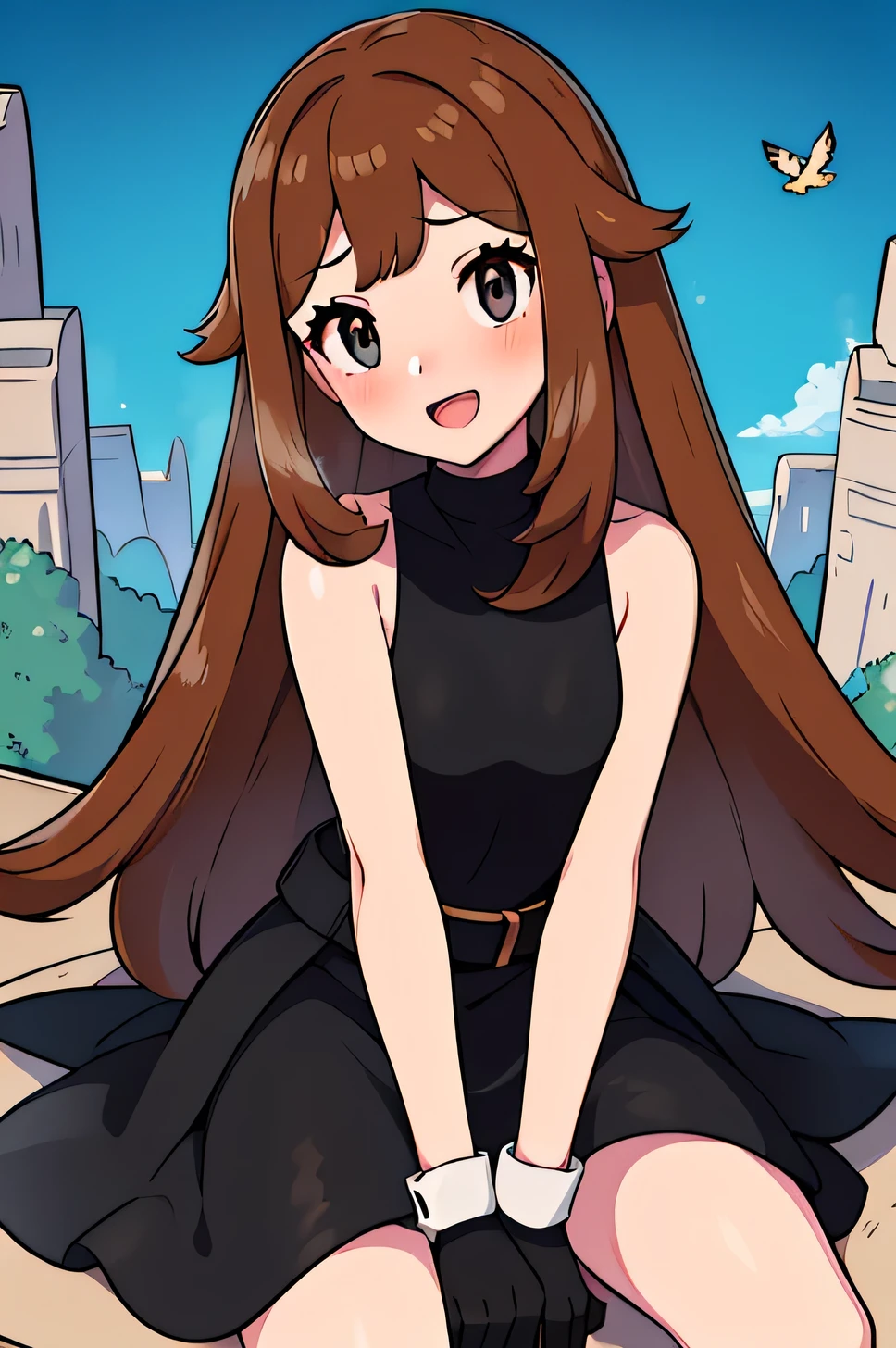 ( best quality)(Masterpiece)a girl full body shot, birds eye view shot ,canyon(overlooking:1.3) (Solid,black,Plain,Black sleeveless dress:1.3),(White gloves:1.2),(girl, deep orange-bronze hair, long hair,hairs between eyes,swept bangs,wavy hair,cuddle:1.2)(medium breast)(black eyes)fine、smile、 1girl  , open your mouth small