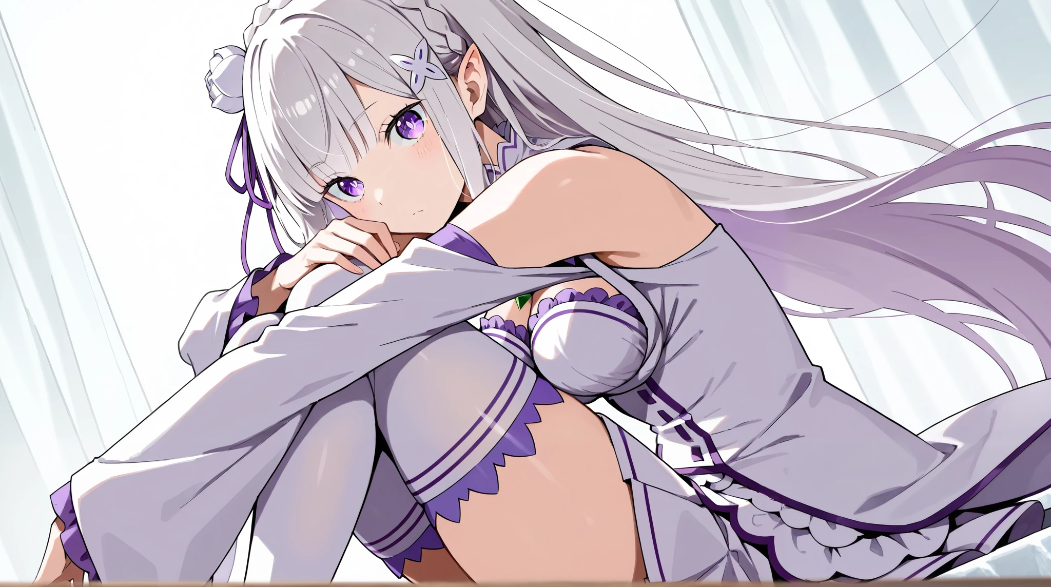 masterpiece, best quality, 8k, high resolution, amazing quality, 1girl, re zero Emilia, long white hair, purple eyes, short long-sleeved white and purple dress, above knee socks, ultra-detailed, intricate details 