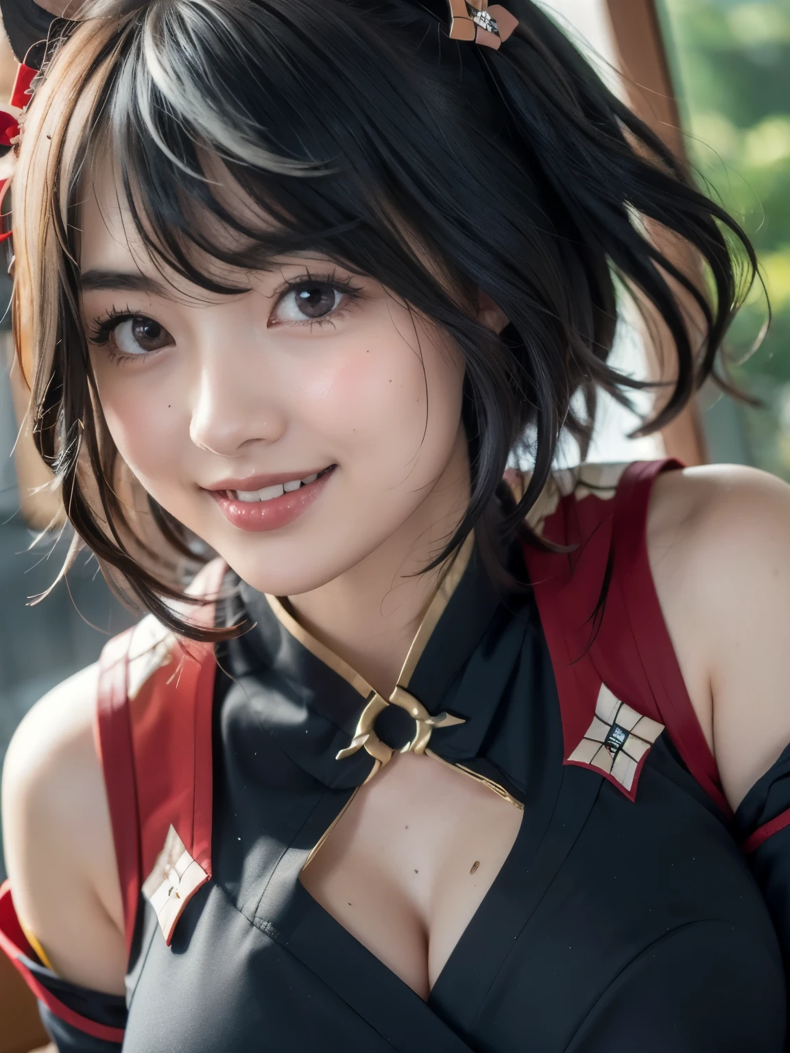 1girl, solo, cute japanese girl, Hight school girl, Looking at camera, (smile:1.3), (Low Height), (large Breasts, pointy breasts:1.35),
break
(close up, portrait:1.2),
break
16K, Raw photo, (extremely detailed 16k wallpaper), (realistic, photo realistic:1.4),
break
Kitasan_Black_Umamusume, animal ears, short hair, streaked hair, hair ornament, medium breasts, horse tail, cleavage, clothing cutout, detached sleeves, shimenawa, skirt, black thighhighs