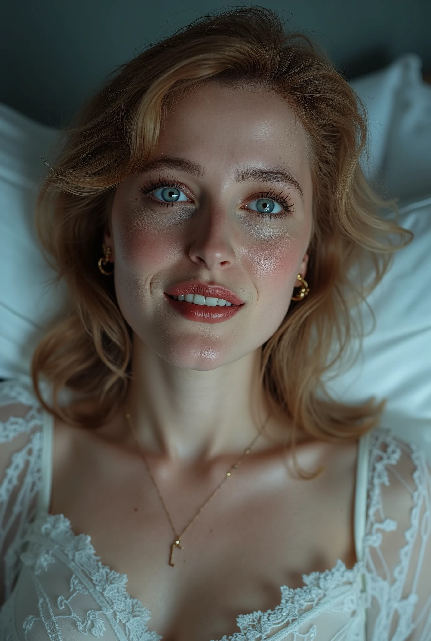 A woman 35 years, a realistic photo of Gillian Anderson as Dana Scully, featuring a beautifully detailed face with captivating eyes and a serene expression, The image showcases her natural beauty, focusing on her flawless skin and delicate features, The lighting enhances her features, creating a soft interplay of light and shadow, while the high-resolution quality captures every detail with photorealistic clarity, Her hair is styled in an intricate and unique fashion, adding to her ethereal and timeless aura, (realistic skin, detailed skin, detailed face), (long eyelashes), (wearing a white laced lingerie with golden connecting rings, no golves, beautiful golden earrings, golden necklace), (a light blue and white colored beautiful bedroom)), (she is sitting on the edge of the bed), (she is smiling seductively), ((POV from below)), perfect anatomy, perfect fingers