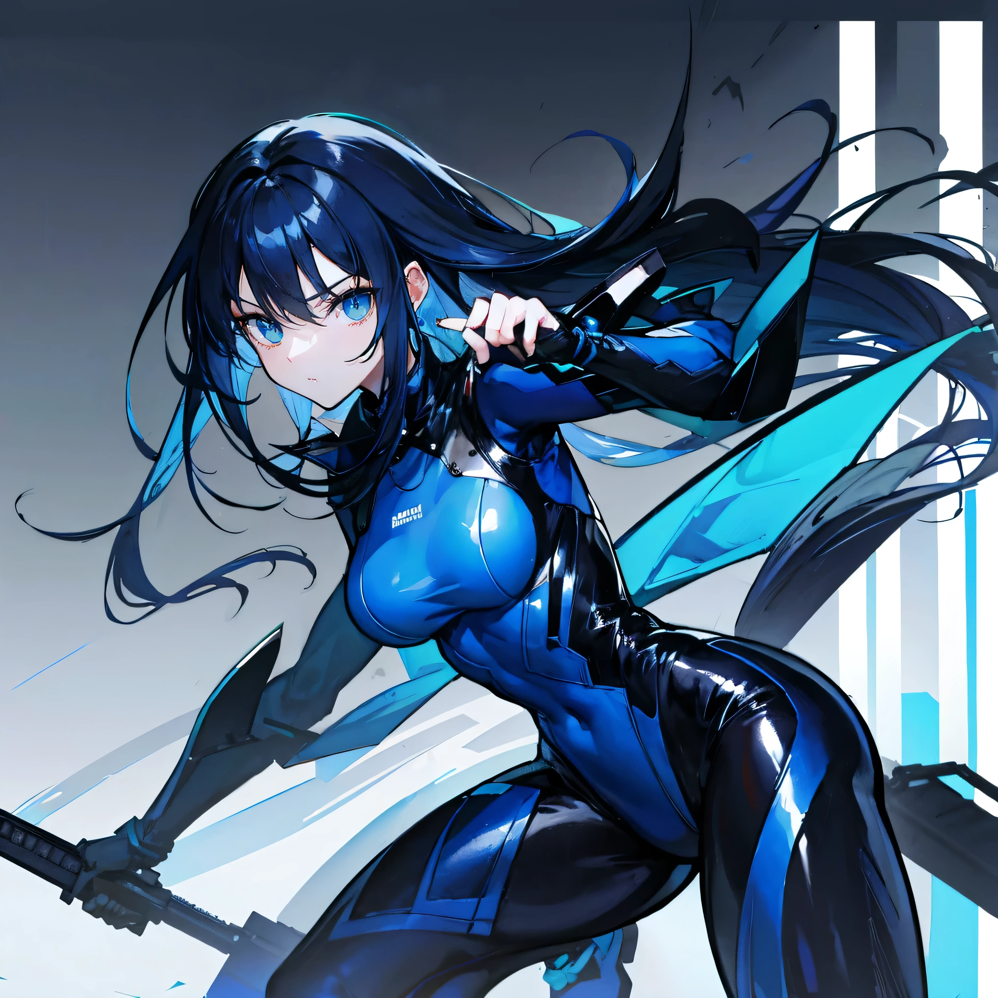 no background，girl，carry a firearm，Enamel-like tight suit，use of firearms，dark blue long hair，attention arousal，blue colored eyes,no gradation