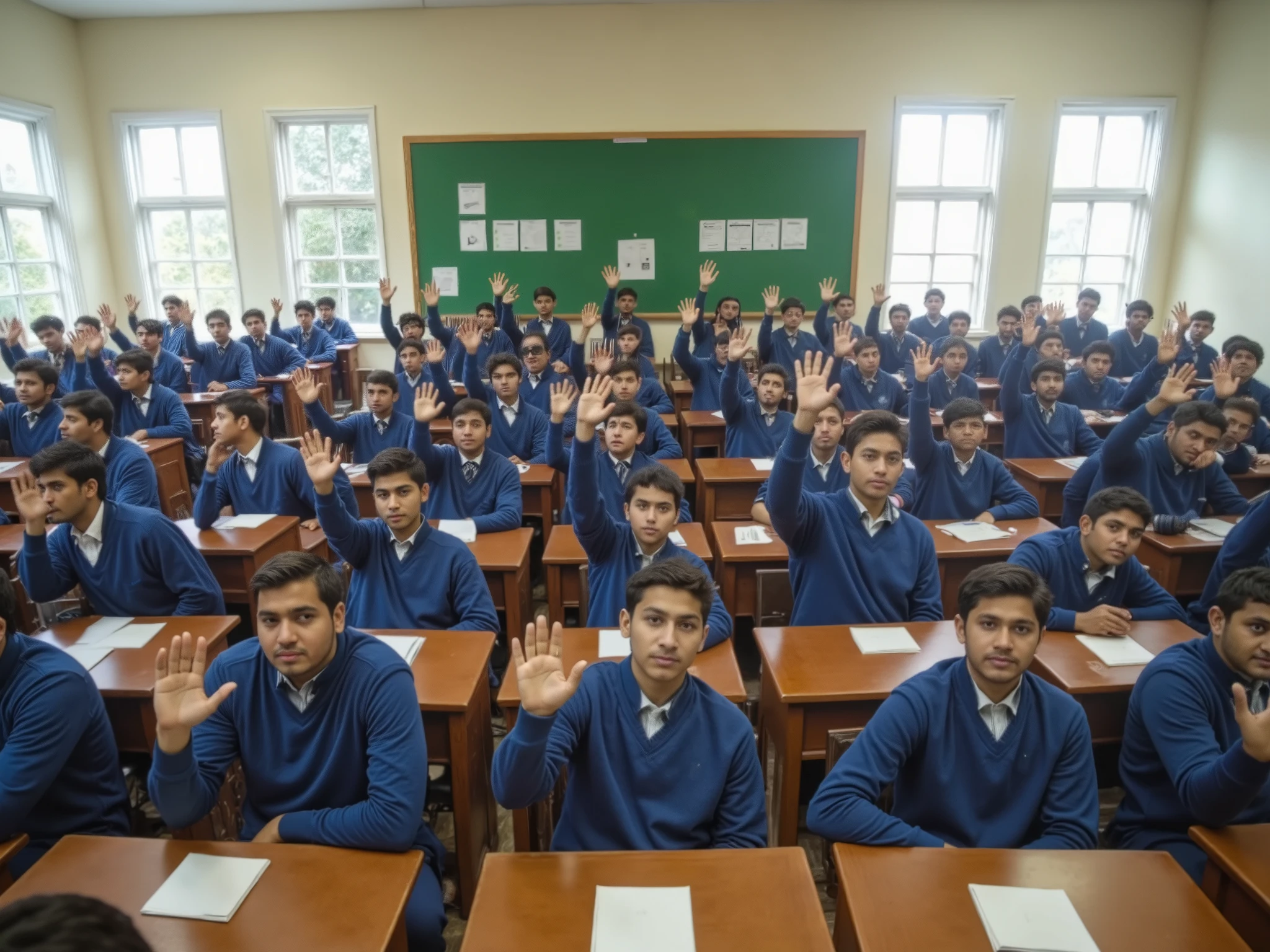 A photorealistic, high-resolution image of a Pakistani/Indian classroom filled with students  19 in neatly pressed traditional school uniforms (white shirts, blue sweaters, and ties). The students are seated at wooden desks, and all of them are gazing directly at the unseen POV character standing in front of the classroom. 2 or 3 students has one hand raised showing their attendance eagerly, showing engagement and focus. The classroom is bright and realistic, featuring educational posters on the walls, a green bulletin board with written notes and diagrams pinned, and natural light streaming through large windows. The scene emphasizes synchronized eye contact, tidy uniforms, and an orderly academic environment. [(masterpiece, photorealistic, natural lighting, highly detailed, synchronized gaze, direct interaction, 8K)].