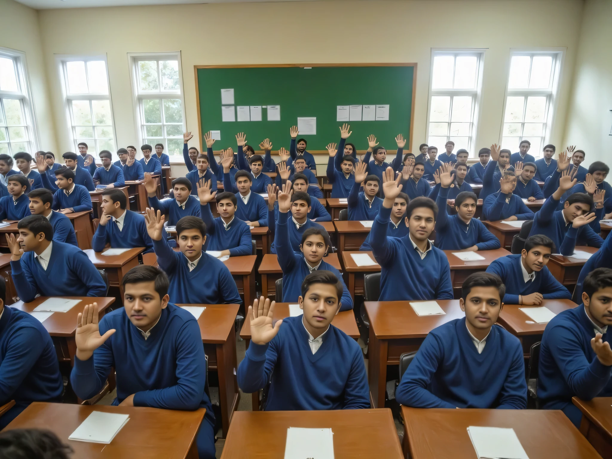 A photorealistic, high-resolution image of a Pakistani/Indian classroom filled with students aged 15 to 19 in neatly pressed traditional school uniforms (white shirts, blue sweaters, and ties). The students are seated at wooden desks, and all of them are gazing directly at the unseen POV character standing in front of the classroom. 2 or 3 students has one hand raised showing their attendance eagerly, showing engagement and focus. The classroom is bright and realistic, featuring educational posters on the walls, a green bulletin board with written notes and diagrams pinned, and natural light streaming through large windows. The scene emphasizes synchronized eye contact, tidy uniforms, and an orderly academic environment. [(masterpiece, photorealistic, natural lighting, highly detailed, synchronized gaze, direct interaction, 8K)].