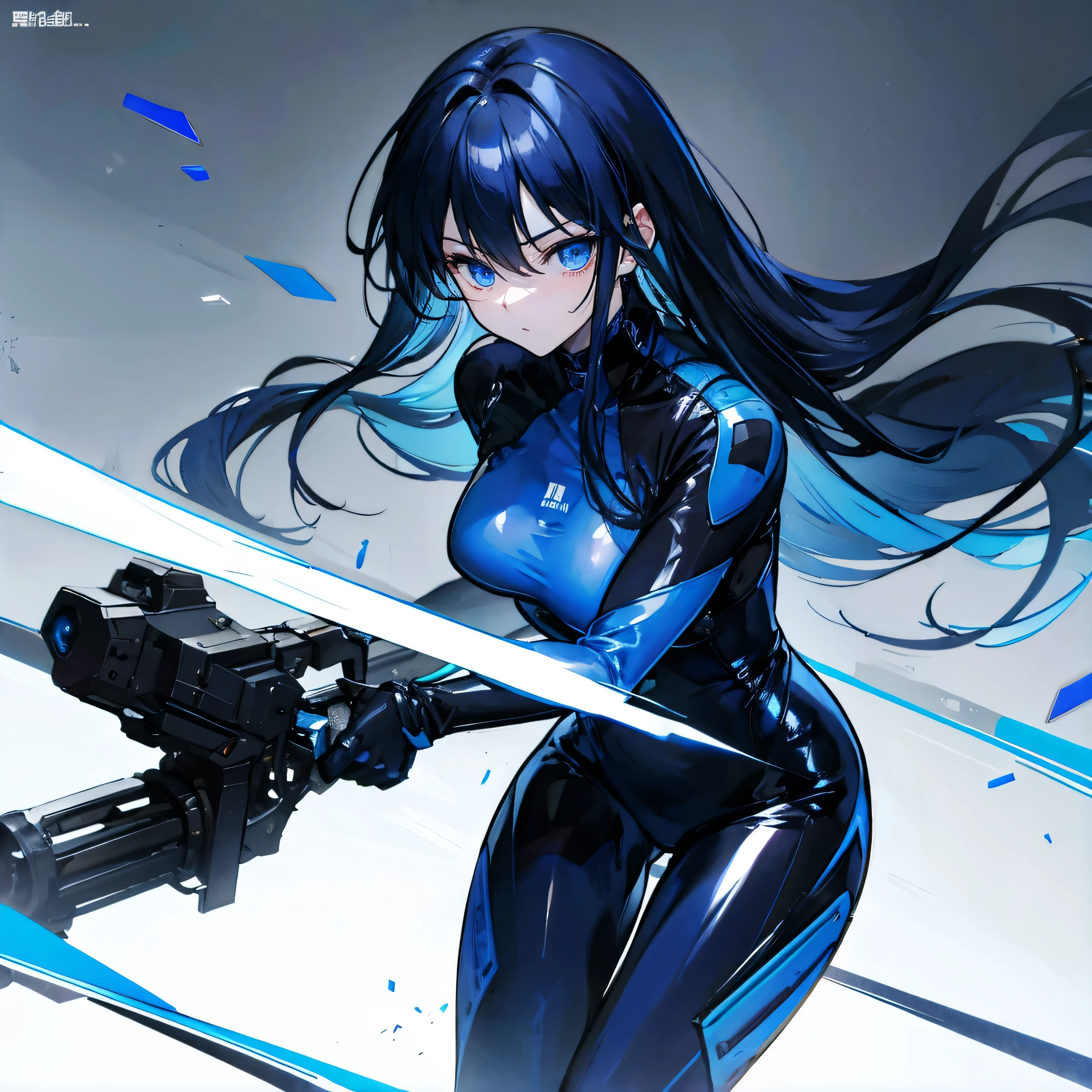 There is no background,girl,Carry a firearm,Patent leather tight suit,Use of firearms,Navy blue long hair,attention arousal,Blue colored eyes,No gradients