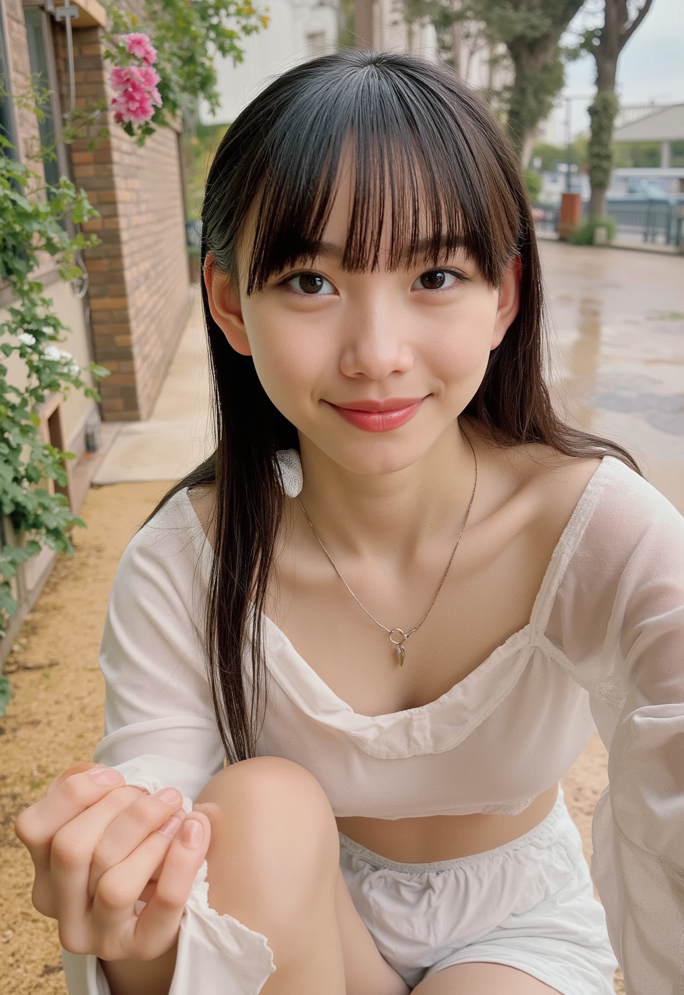 (masterpiece, high quality, Details), (( white camisole, white panties, slender, sexy collarbone, flat chest, , Clothes Are Wet , posture on all fours))