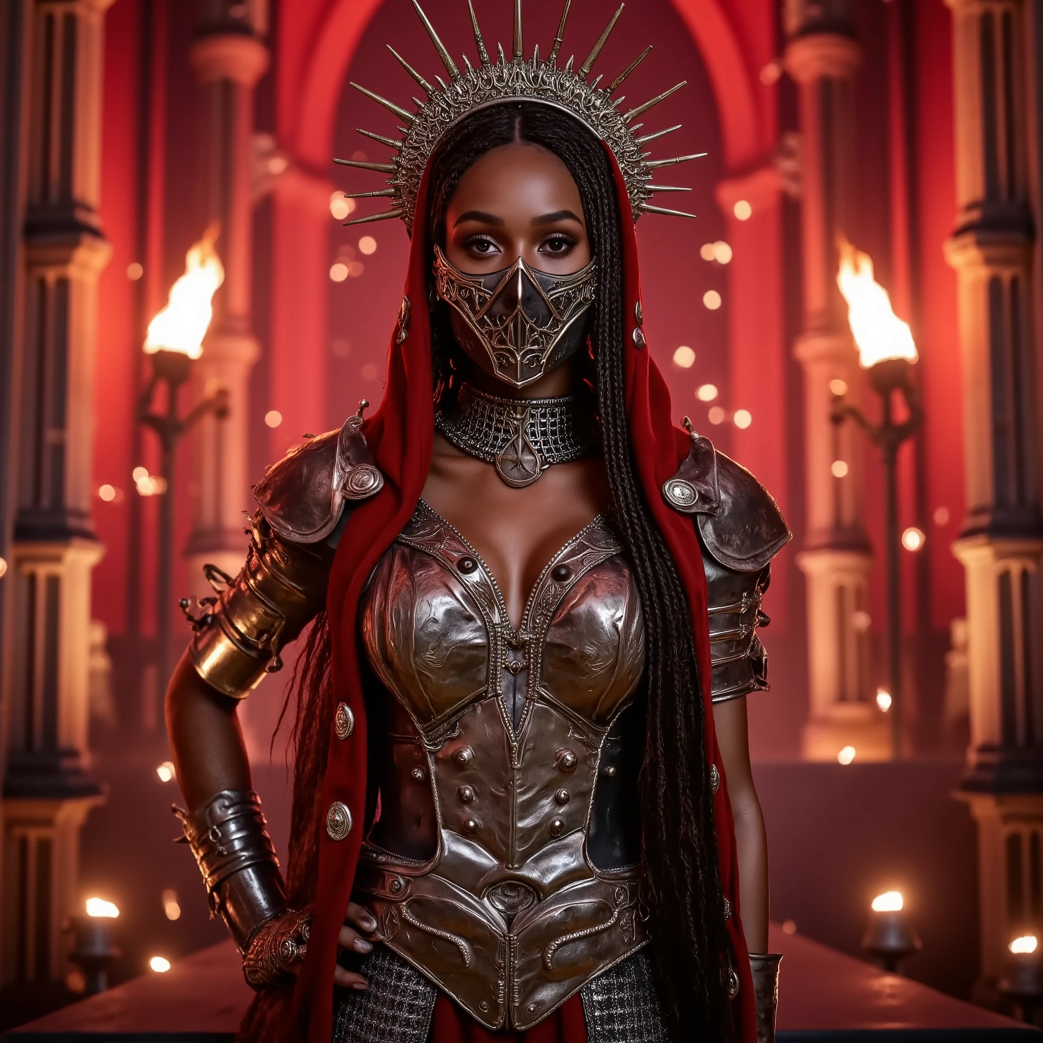 Zuri Hall, woman, A dramatic and imposing portrait of a figure dressed in elaborate, gothic-inspired armor. The figure is adorned with a red veil and an intricate spiked crown, adding to the regal and fierce appearance. The mask covering the lower half of the face features detailed metalwork and spikes. The background showcases gothic architecture bathed in a fiery red light, with glowing embers floating in the air, creating a sense of intensity and power. The overall composition exudes a dark, mystical atmosphere. Captured with a high-quality DSLR camera using an 85mm f/1.4 lens to achieve exceptional sharpness and a beautifully blurred background.