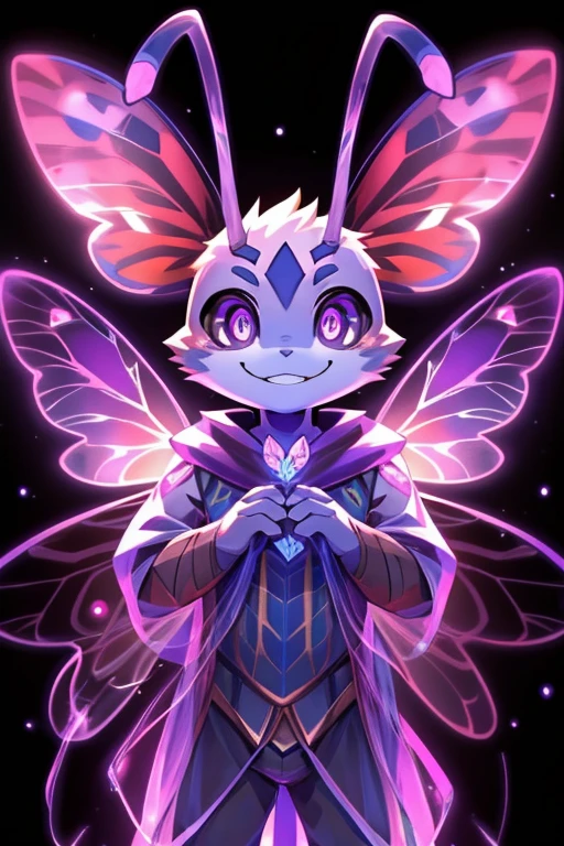  in the form of a bug tribe（（male）），purple butterfly wings，The antennae of a transparent bug，pupil（（Light purple pupils ）），appearance（（seductiveness）），background((紫色梦幻background))，Smile(（魅惑的Smile）)