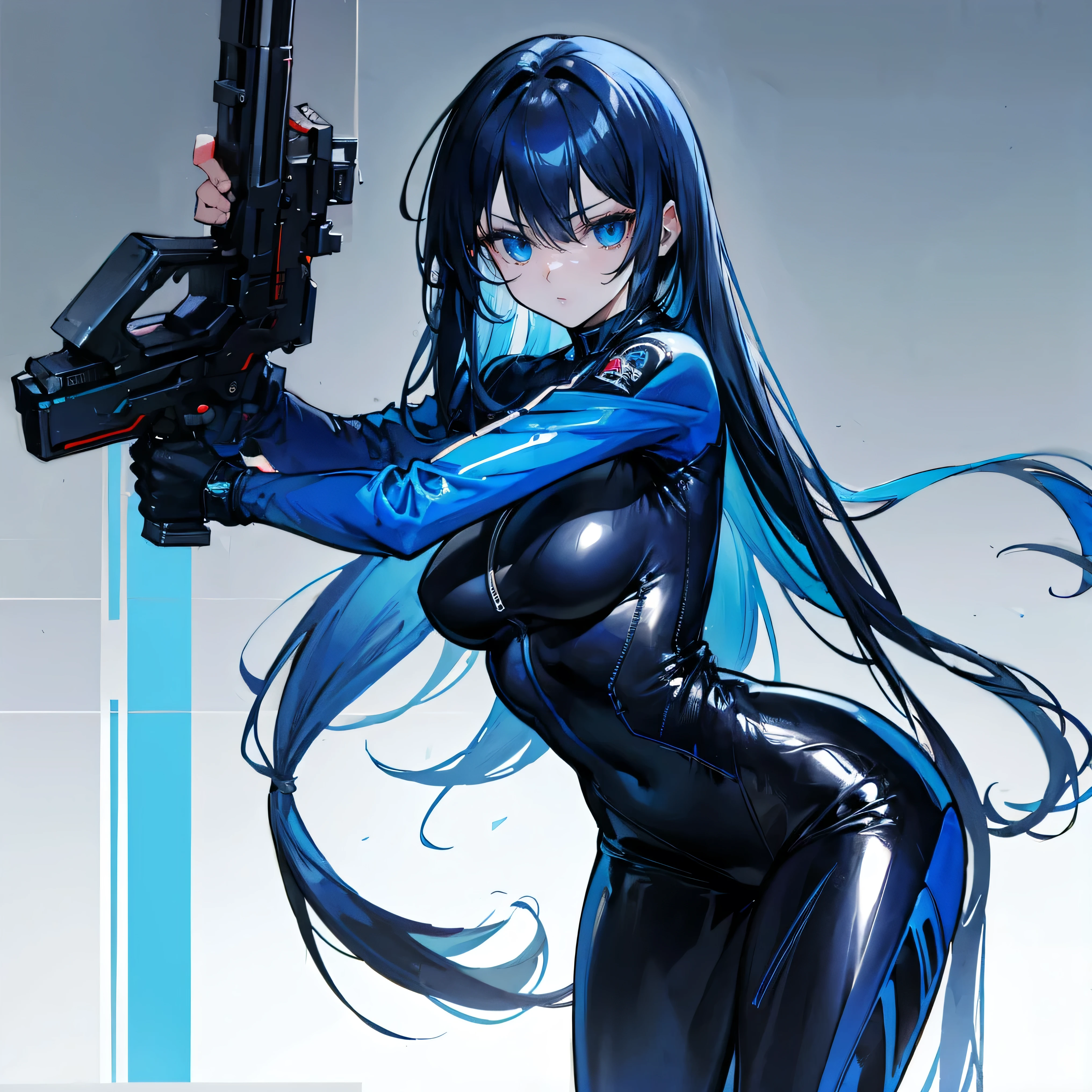 There is no background,girl,Carry a firearm,Patent leather tight suit,Use of firearms,Navy blue long hair,attention arousal,Blue colored eyes,No gradients