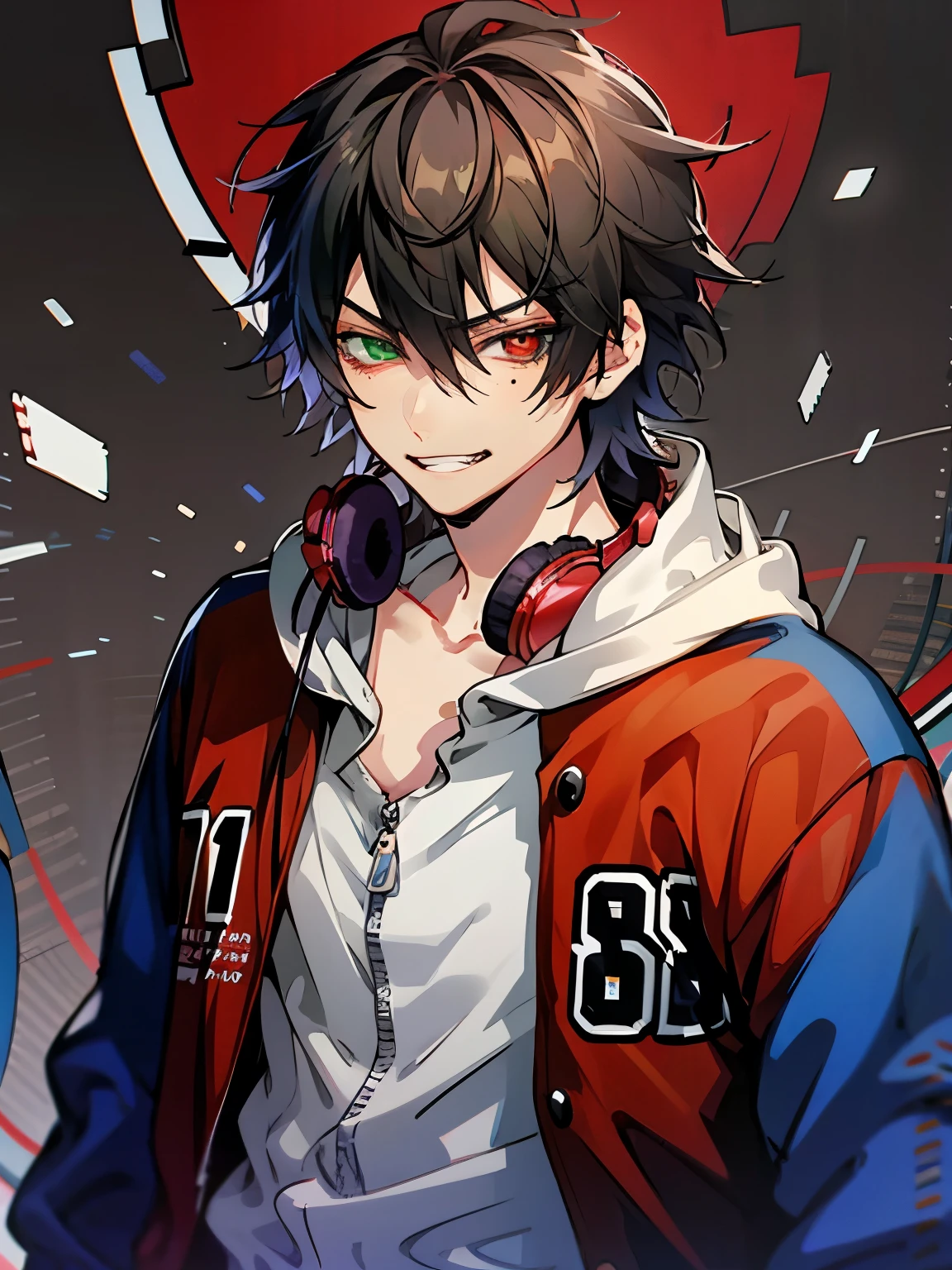 yamada ichiro\(Hypnosis Microphone\), nffsw, 01, 1male, Alone, Looking at Viewer, Upper body, buster bros, Male Focus, 19 years old, Red Eyes, bangs, Black hair, hair between eye, heterochromia, Green eyes, Mole under the eyes, Red jacket, multicoloRed jacket, Blue jacket, Shirt, Long sleeves, Open your clothes, grin, Open jacket, Ring, Hood down, zippers, White hoodie, hooded jacket, Black belt, headphones around neck,