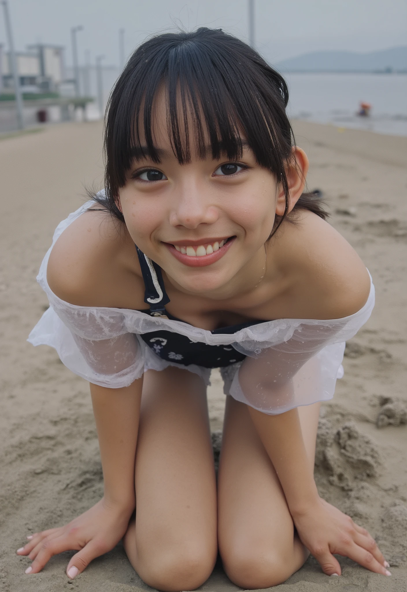 (4K, masterpiece, high quality, Details), (( Navy Blue One Piece Swimsuit, slender, sexy collarbone, flat chest, , My whole body is soaked, Lean forward position with hands and knees))