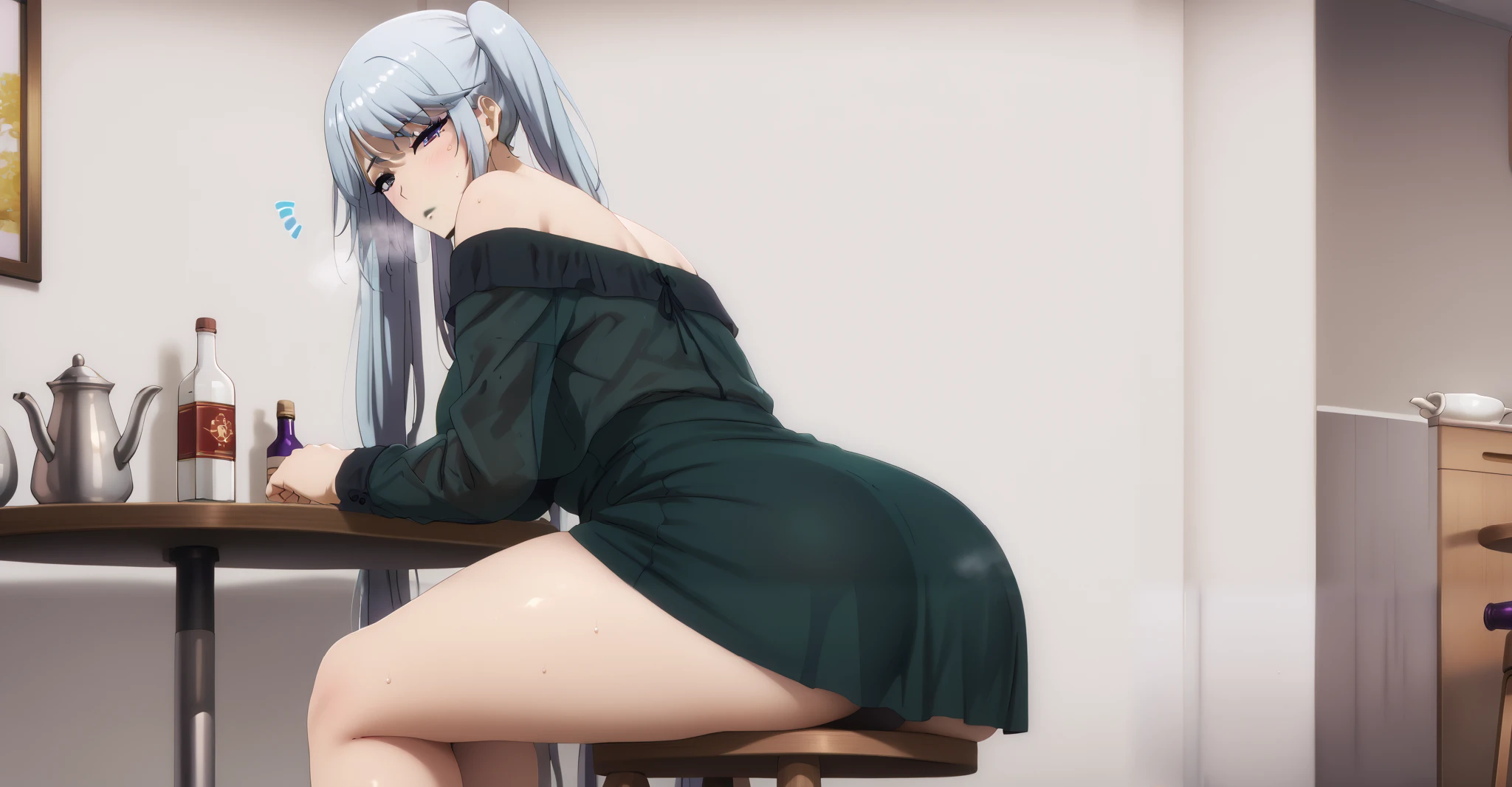 score_9, score_8_up, score_7_up, score_6_up, score_5_up, score_4_up, uncensored, epsilon, long hair, twintails, blue hair, purple eyes, sidelocks, anime coloring, anime screencap, (voluptuous:1.3), (thick:1.3), BREAK UHD, retina, masterpiece, accurate, anatomically correct, textured skin, super detail, high details, high quality, award winning, best quality, highres, 4K, makeup, eyelashes, excessive sweating, sweating, sweating drop, (gasping, heavy breathing:1.3), (skindentation:1.2), perfect eyes, beautiful eyes, eyelashes, makeup, detailed body, perfect body, BREAK, 1girl, green dress, ass, sitting, solo, dress, breasts, short dress, table, looking at viewer, blush, indoors, off shoulder, large breasts, thighs, off-shoulder dress, closed mouth, notice lines, bare shoulders, bottle, bare legs, kettle, looking back, long sleeves, see-through, stool, off-shoulder jacket, jacket, open clothes, from behind, black lips, gloomy expression, half-closed eyes, sweating profusely, excessive sweating, sweating drop, 