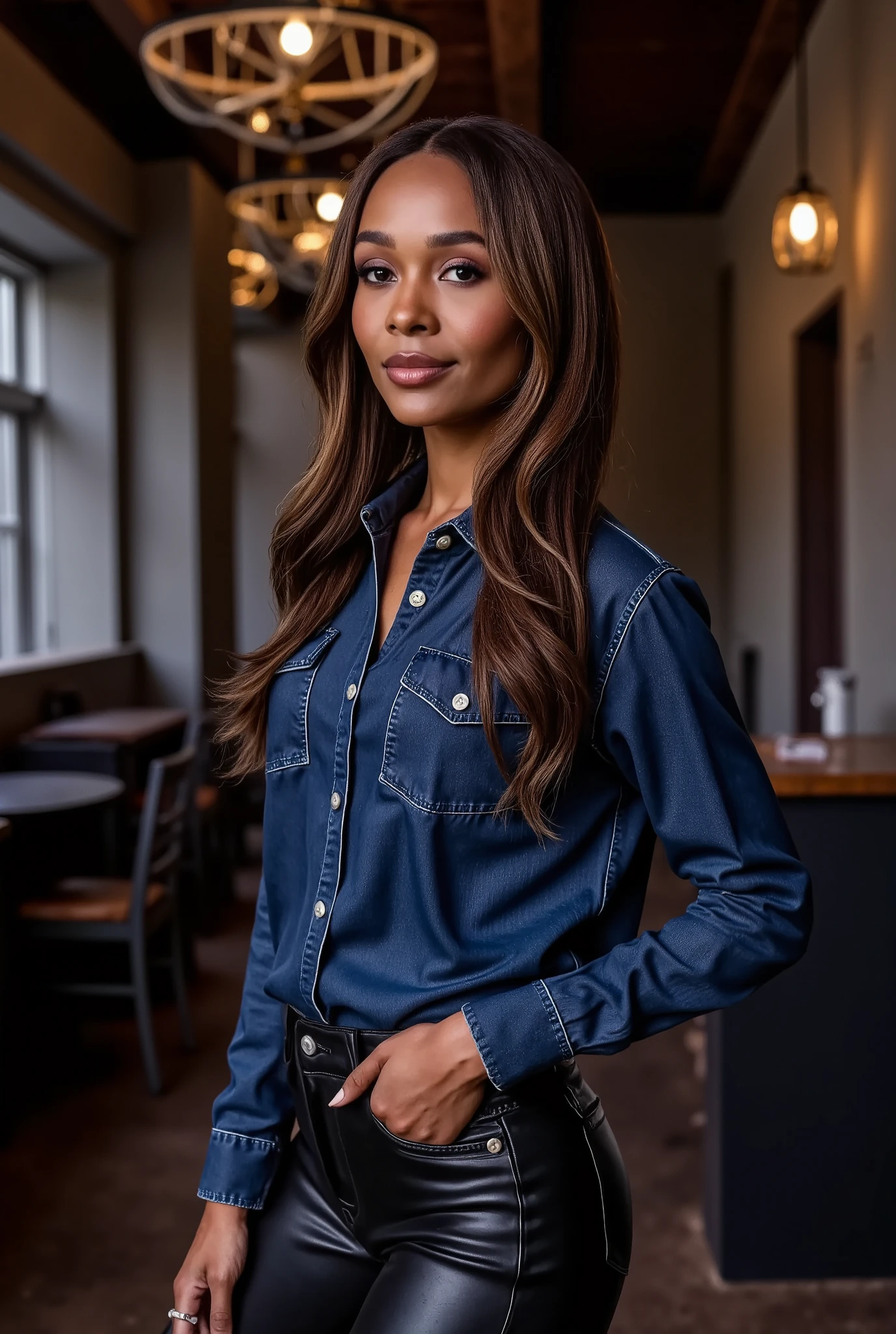 woman in a dark blue denim bust pockets shirt tucked tightly into her black leather pants. Perfect hands. She poses in a photo studio. No cleavage. The lights are towards her. It's very realistic. Portrait photo. beautiful eyes, perfect quality, 8k, noise, 8k uhd, dslr, ultra high quality image, film grain, Fujifilm XT3,