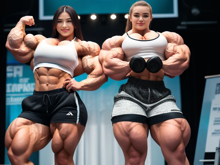 (2 girls body builders:1.6), ((masterpiece)), best quality, ultra-detailed:1.7, finely detail, high resolution:1.6, perfect dynamic composition, beautiful detailed faces:1.77, blonde babes:1.88, perfect red lipstick, perfect makeup:1.8, short denim bikini , large breasts:1.4, lovely look:1.7, gorgeous face:1.6, defined muscles:1.4, beautiful faces:1.8, alessandra ambrossio, izabel goulart, Kate Upton, Gigi Hadid, candice swanpoel ,popped out dense veins on muscles:1.8, hyper detailed picture:1.4, 8k resolution: 1.7, flex muscles:1.3, hyper muscular body shape:1.42, photorealistic:1.5, realistic:1.6, face masterpiece:1.74, good and professional lighting on picture:1.38, Arabian-Australian muscle beauty goddess, masterpiece 25 years old Madison Beer and Izabel Goulart as bodybuilders, extremely high resolution, hyper feminine beauty , hyper realistic texture, hyper muscularity, hyper vascularity, ass of titanium, muscles of steel, ripped body shape, ripped sexy ass with bikini, muscular ass , topless, good face details, hyper face detailing, super dominant moment, nude females, perfect symmetrical face, sexy arm wrestling each other, serious muscle posing, serious female bodybuilders, pec bouncing, chest muscles fibres, chest muscles with veins, flexing chest, crushing apple with breasts and chest muscles, shredded chest muscles, ripped with fibres