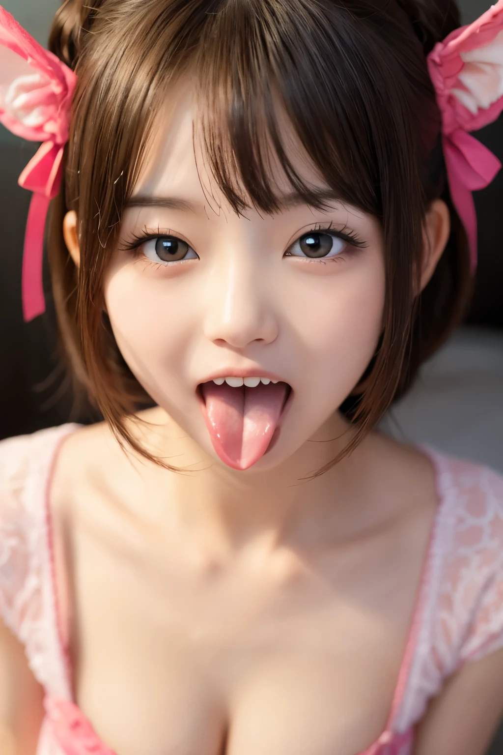 Photo Real、photoRealstic、girl1 A dark-haired、Blunt bangs、dishevled hair At the back of the throat、Figurine in the mouth Acme face、panting、ahe face、put out the tongue、droolng、dripping saliva Faces close、Facial Close-up Background with、futon bedding、PILLOWS