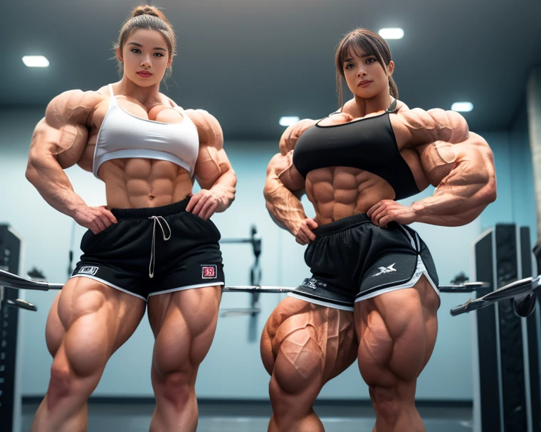 Two muscular high school girls are naked and sweating while lifting barbells、During strength training、Muscles of a man、Pussy juice、High school girl hits another girl