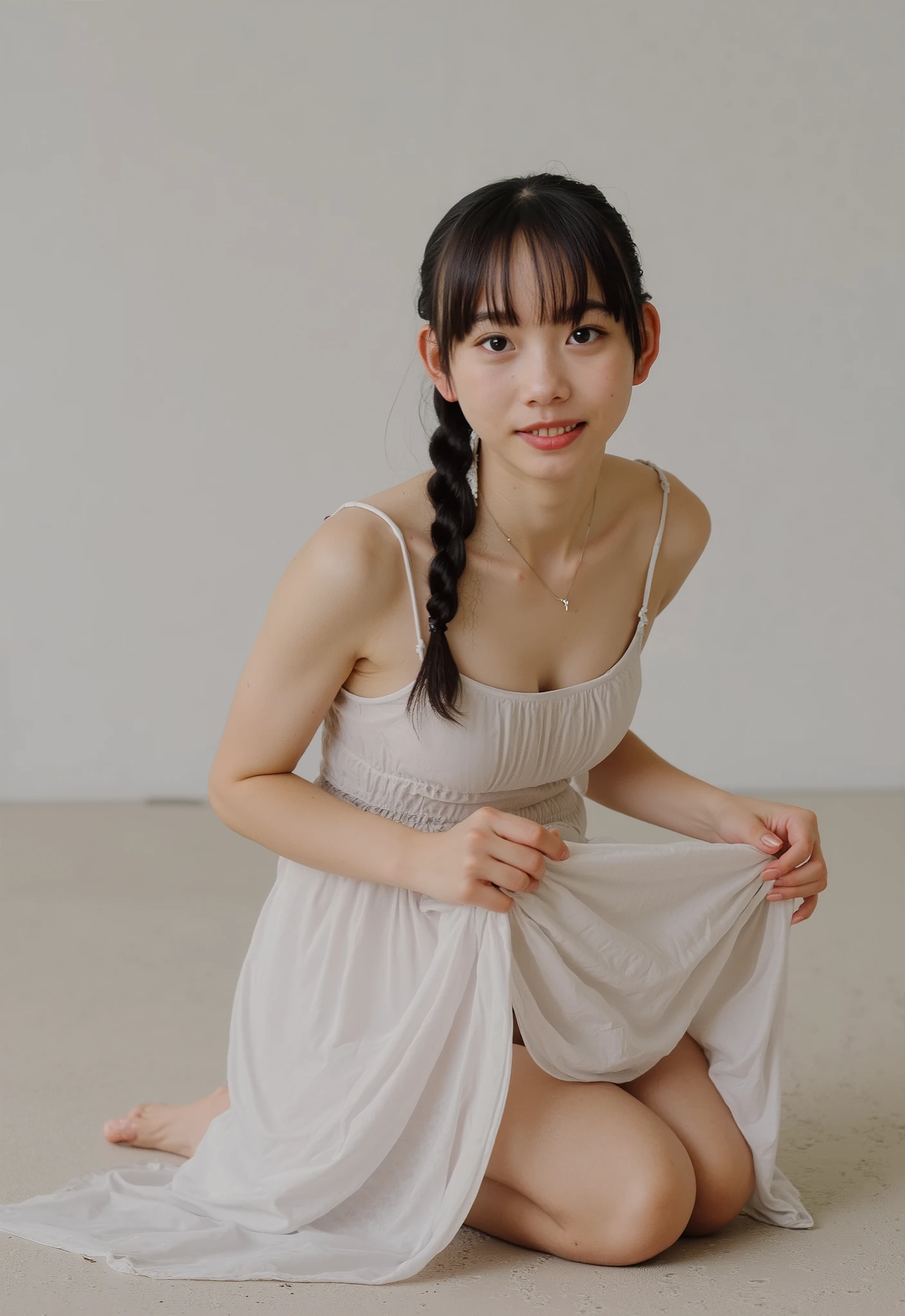 (4K, masterpiece, high quality, Details), ((white camisole without shoulder straps , white panties, slender, sexy collarbone, flat chest, Body like a , Clothes Are Wet , Position of putting on your knees and leaning forward)), (( braid braids, スカートから white panties が見えている、 lift the hem of the skirt slightly with both hands ))