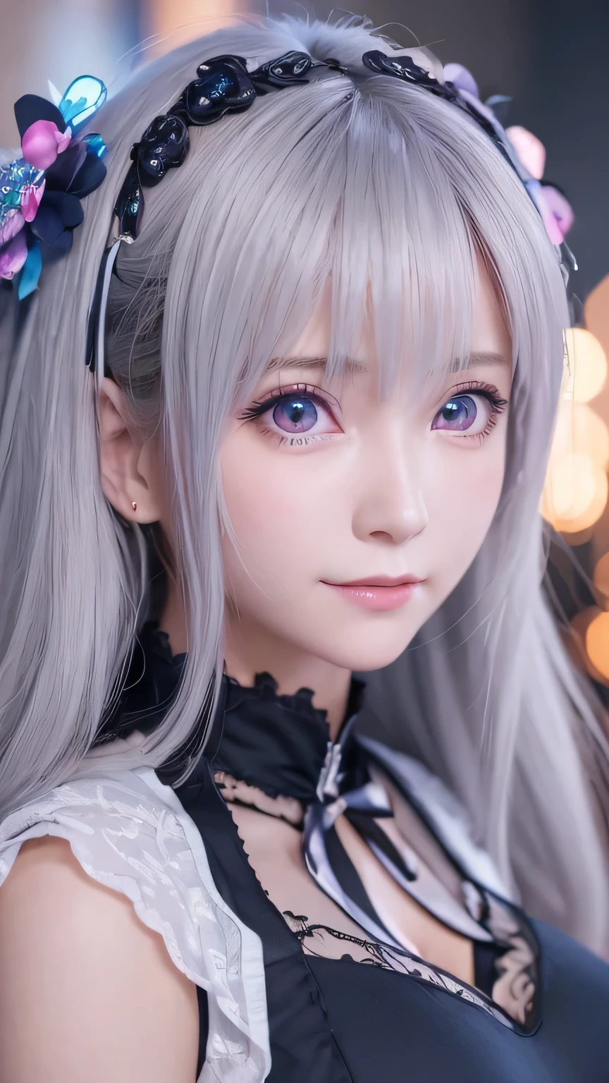 (Best quality, Ultra-detailed, photo-realistic:1.37), Silver-haired woman, nsfw, (big breast:1.5), nipples, Fantastic blue eyes, (smiling broadly), Soft lighting, pink apron, illustration, bangs, Flowing hair, Gentle breeze, Shiny hair, Close-up of black stockings, mitts, Gradient hair, folded ponytail, blue halo, Glowing eyes, Wide eyes, drunk, Anime style, shadowing, back lit lighting, macro photograph, Close-up, first person perspective, head out of frame, hyper HD, High details, Best quality