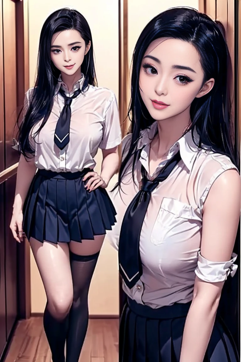(((Accentuate your sexy bust:1.75)))、(((Sexy Knee High:1.35)))、((((Emphasizes sexy crotch:1.35)))、((((Spread your legs wide、Touching the thigh、Show me your crotch、Thin pubic hair sticking out、large pointy breasts))))、((Boyfriend and girlfriend having sex in cowgirl position:1.5))、((Sexual pose:1.5))、((Spread legs POV:1.5))、、Browsing Caution、（Humans are biologically correct、reference） 、 get rid of extra limbs slender limbs extra fingers deformed hands and fused fingers slimming fingers bad hands long ugly body anatomy bad deformity bad deformity no extra breasts、Not Futanari、(Highest quality,8k,High resolution:1.2),(Beautiful and realistic Japanese figures:1.6)、(Cute Japanese:1.4),(Huge breasts:1.25),(Attractive body),(school uniform,Pleated skirt,Sailor collar,White shirt:1.2)、、double eyelid、Clear black eyes、Professional photography、(My dear woman、The joy of loving、agitate)、Run quickly、Embankment、Rivers、Put your hair up,Sweat、gravure、