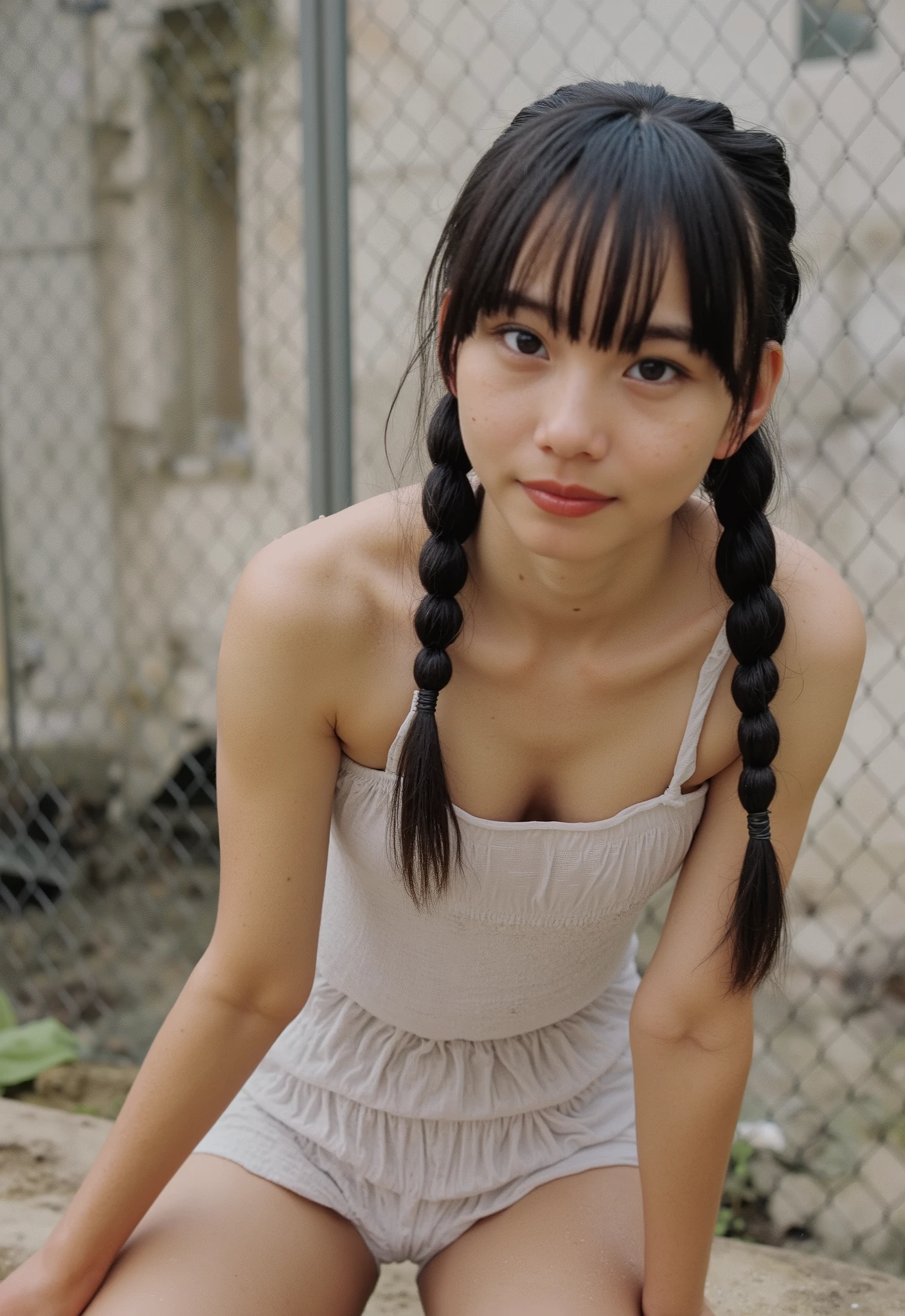 (4K, masterpiece,   high quality,  Details), ((I only wear a white camisole with no shoulder straps and white panties with a small area,  slender,  sexy collarbone,  flat chest,  is short,  Clothes Are Wet , Position of putting on your knees and leaning forward)), (( braid braids))