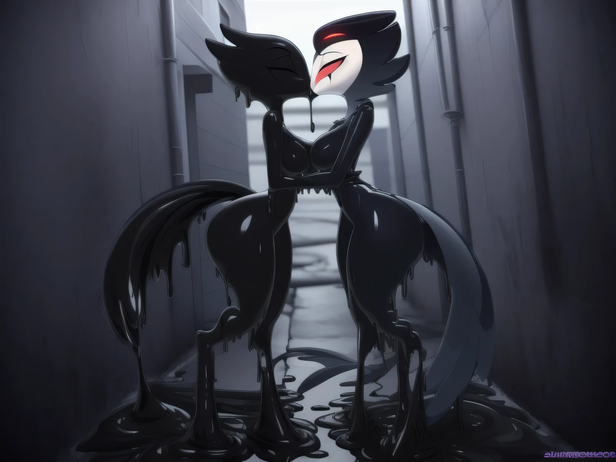 Tanraak (style), ((masterpiece)), ((8k quality)), (no watermark), stolas, male, leaning in alley, sleek, shiny black slime body, long tail feathers, shiny, slick, goo, gooey, wide hips, white pupils, black goo, black goo puddle, dripping goo, black body, avian, avian tail
