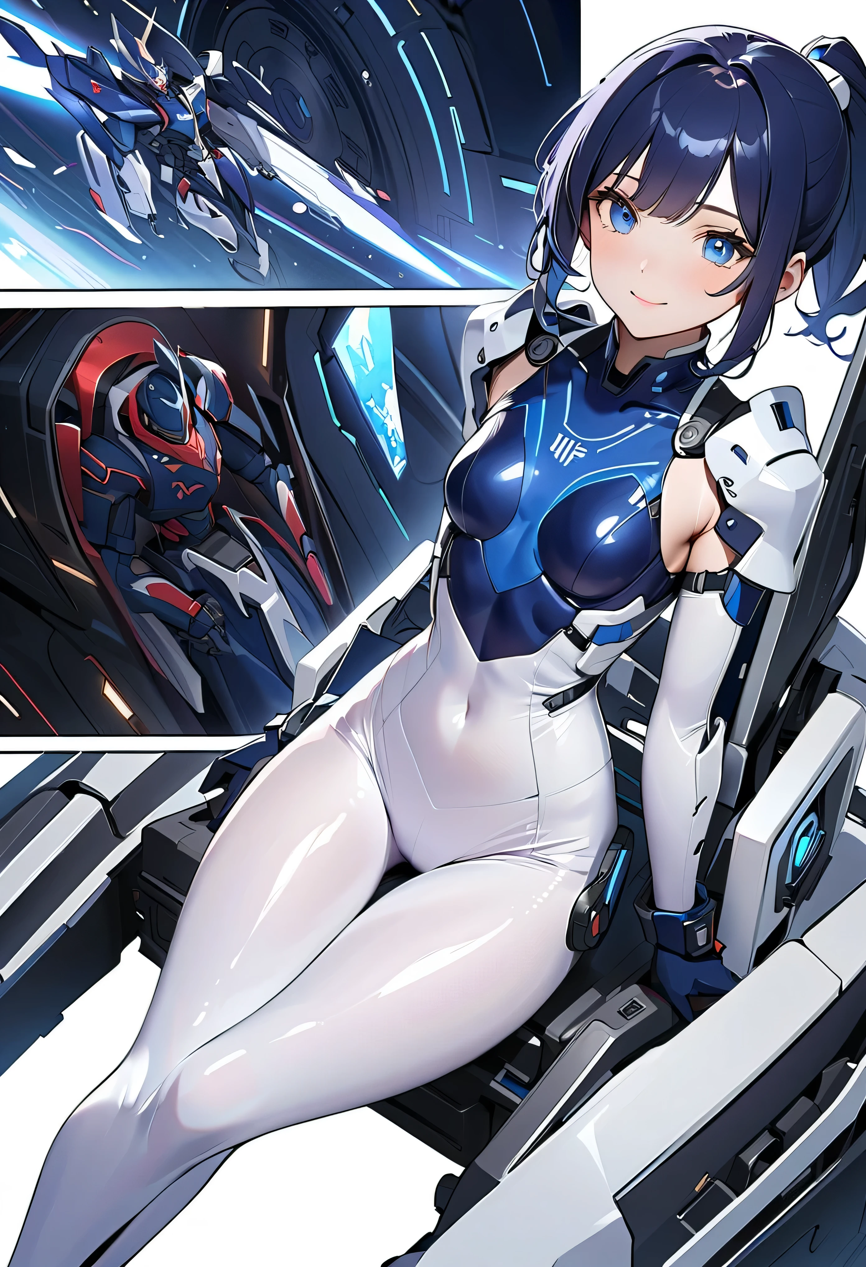 Anime image of a robot girl with brown hair who has a blue robotic body, is in underwear