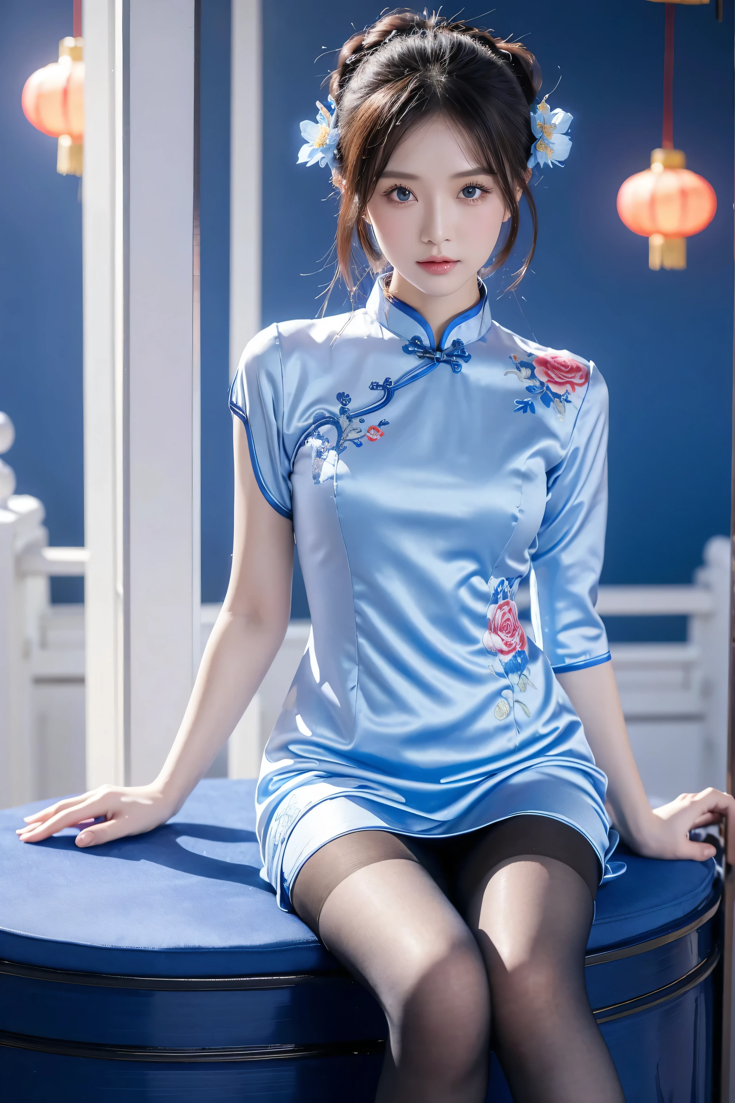 Cheongsam, 1 girl, blue bow, blue eyes, blue flowers, blue ribbon, blue rose, chest, Chinese clothing, Chinese clothing, dress, flower, gradient, gradient background, embroidered ball flower, looking at the audience, small chest, pantyhose, rose, single, thigh pantyhose, Chinese paper fan with painting on it,
