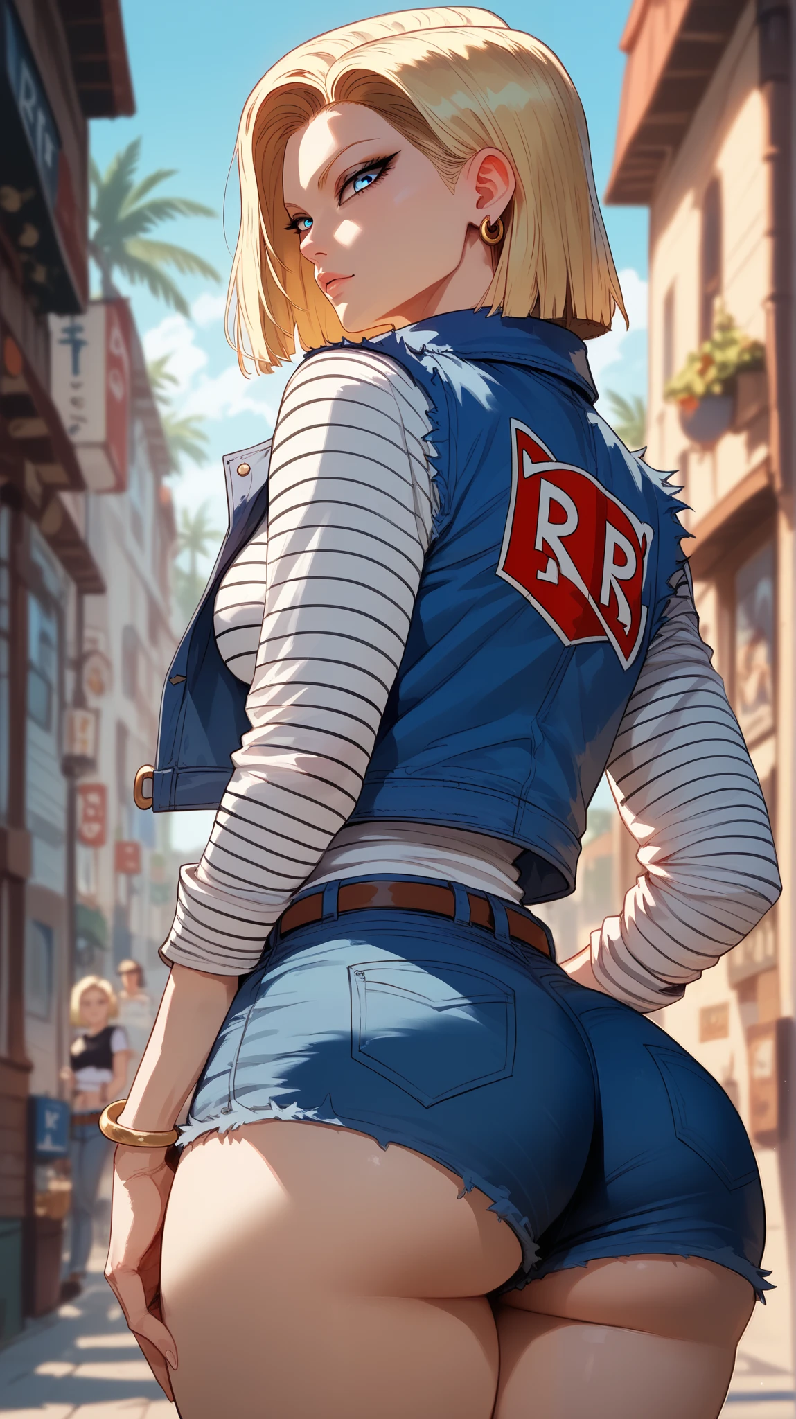 Android 18 style, perfect eyes, perfectly sexy face, ultra detailed, ultra perfect eyes , big beautiful woman , rear view , dark blue shorts, Body, looking at the spectator ,