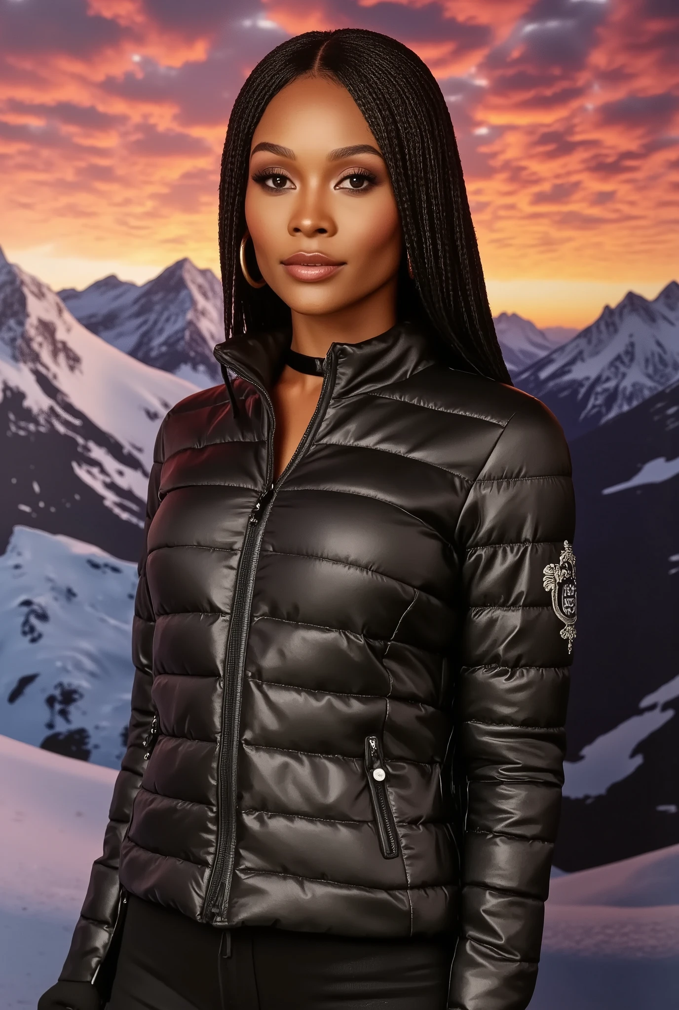 photorealism, full body, a beautiful woman, leather puffer down jacket & latex pants, leather choker, beautiful realistic eyes; fantastic face, beautiful look, perfect hands, warm dreamy lighting, white background, volumetric lighting, Alaskan resort landscape sunset background, pulp adventure style, fluid acrylic, dynamic gradients, vivid color, highly detailed, simple, smooth and clean, smooth, character design, 3d shading, cinematic, ornate patterns, elegant organic framing, hyperrealism, posterized, collection of masterpieces, lush vivid colors, twilight, wet gouache