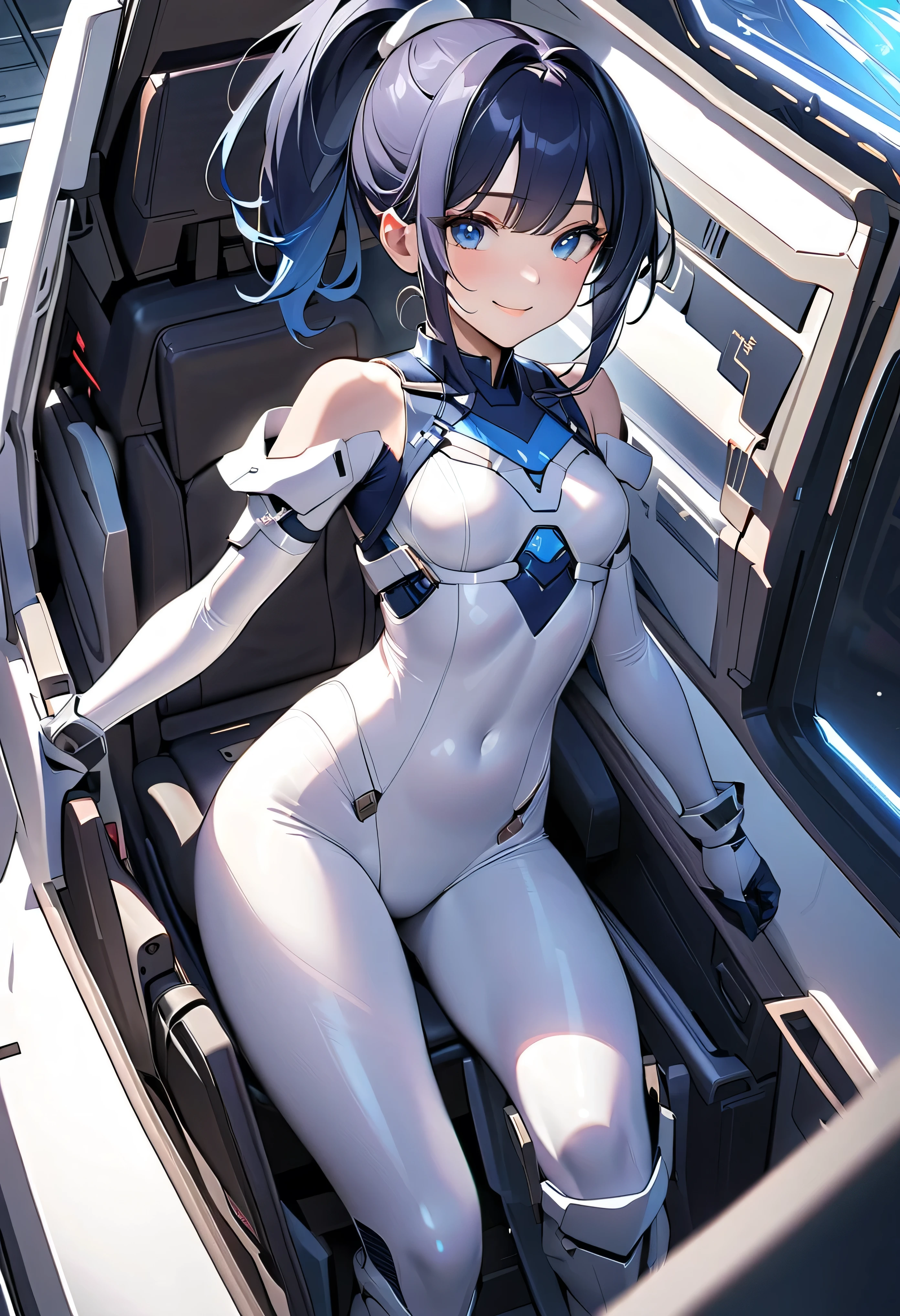 masterpiece, highest quality, highest resolution, clear_image, Detailed details): (alone, lonely girl, Japanese face, Blue-haired girl, short hair, full body figure, large size of breasts, Glowing blue colored eyes, White and blue pilot suit in metallic tones, black color, tight fitting clothes, clothes that cover the whole body, beauty, A body of about 70 kg, exoskeleton, knee boots, heroine, On your back, spread legs, Arm-length gloves, headset)