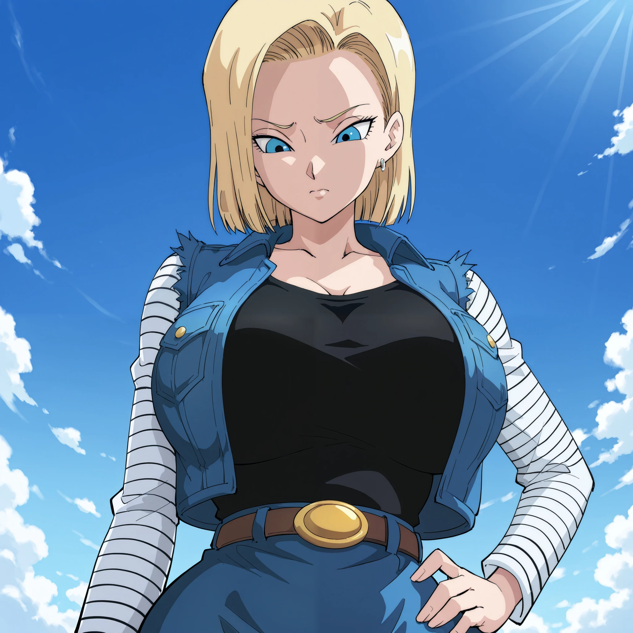 {{{android 18,dragon ball z}}},{{{style: iwao178,urakan}}},{{{cel shading,official art,masterpiece, best quality}}},{{{sidelighting,close-up,profile view,{{{from side,from below,dutch angle,foreshortening}}},back,faceless}}}, {{{mature woman,1girl,solo,huge breasts,narrow waist}}},{{{worried,concerned,sad}}},!!!,closed mouth,{{black shirt,white sleeves,striped sleeves,blue jacket,collared jacket,blue skirt}},looking down,sky,cloud,arm at side,hand on own hip,